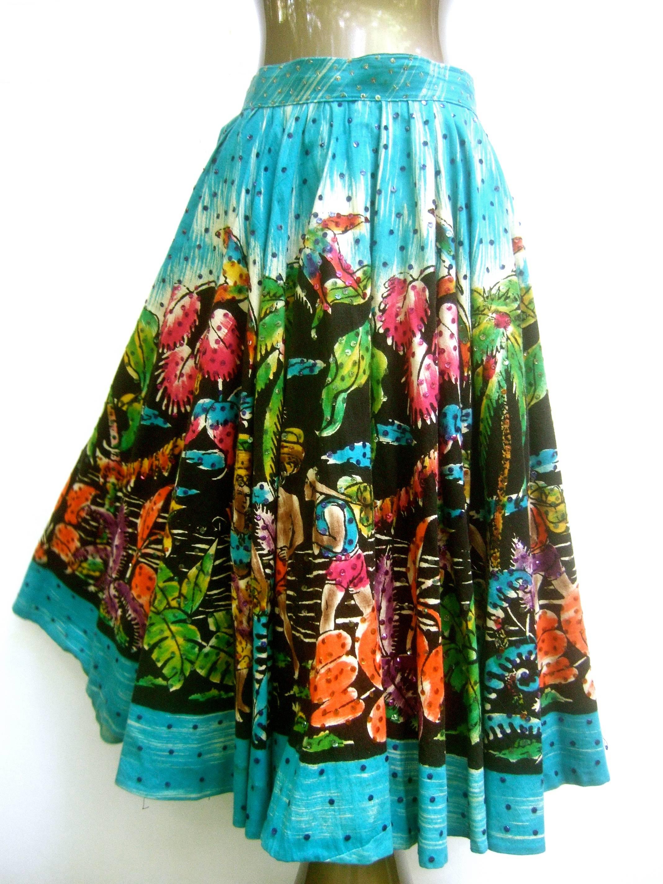1950s Tropical Polynesian Hand Painted Cotton Skirt  In Good Condition In University City, MO