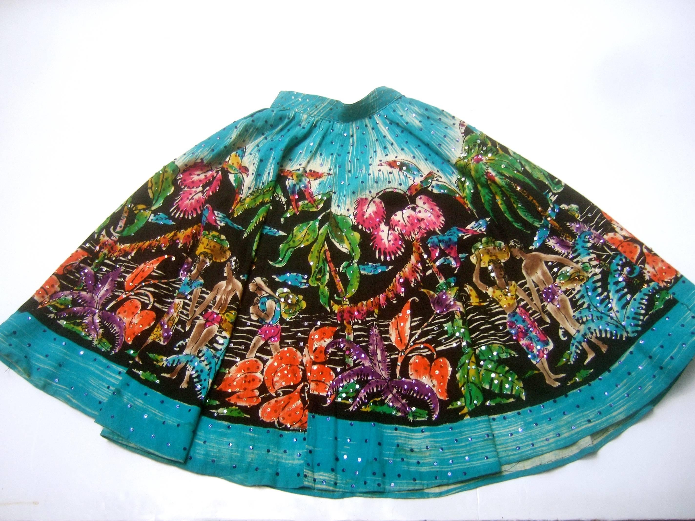 1950s Tropical Polynesian Hand Painted Cotton Skirt  3