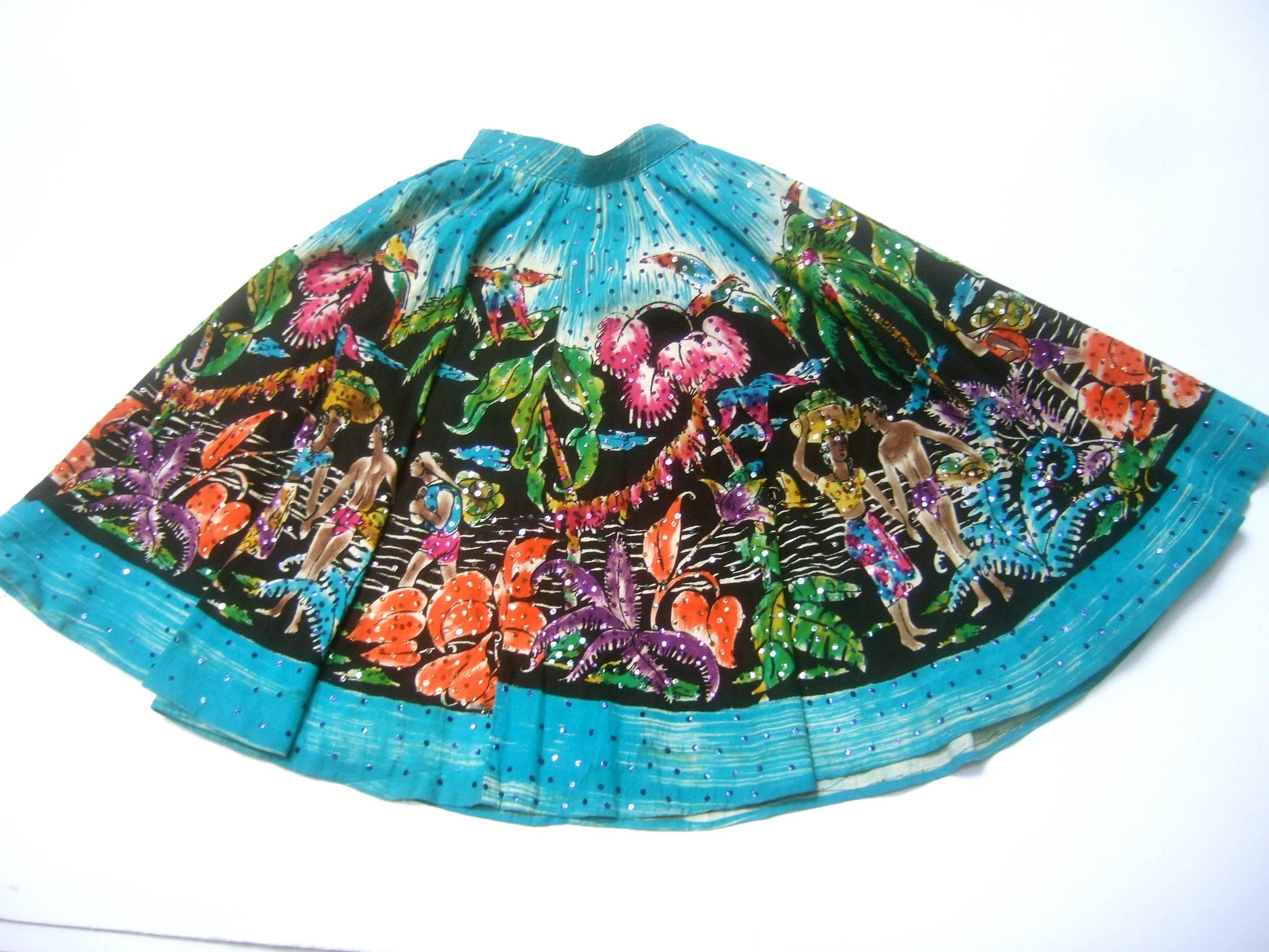 Black 1950s Tropical Polynesian Hand Painted Cotton Skirt 
