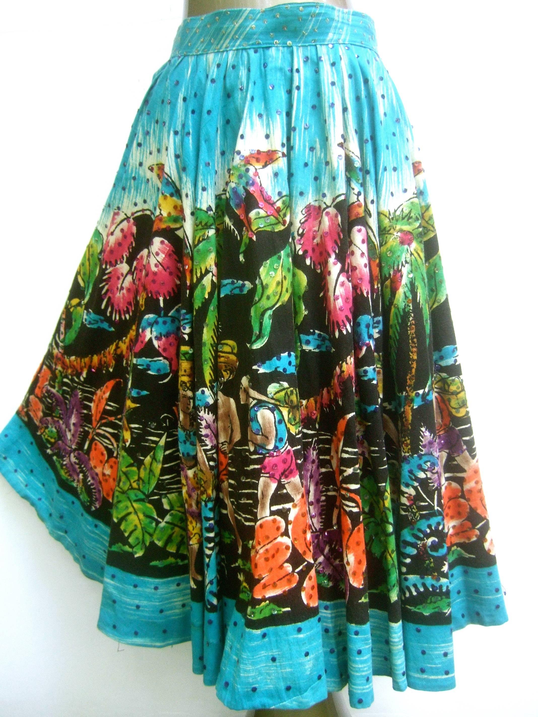 1950s Tropical Polynesian Hand Painted Cotton Skirt  4