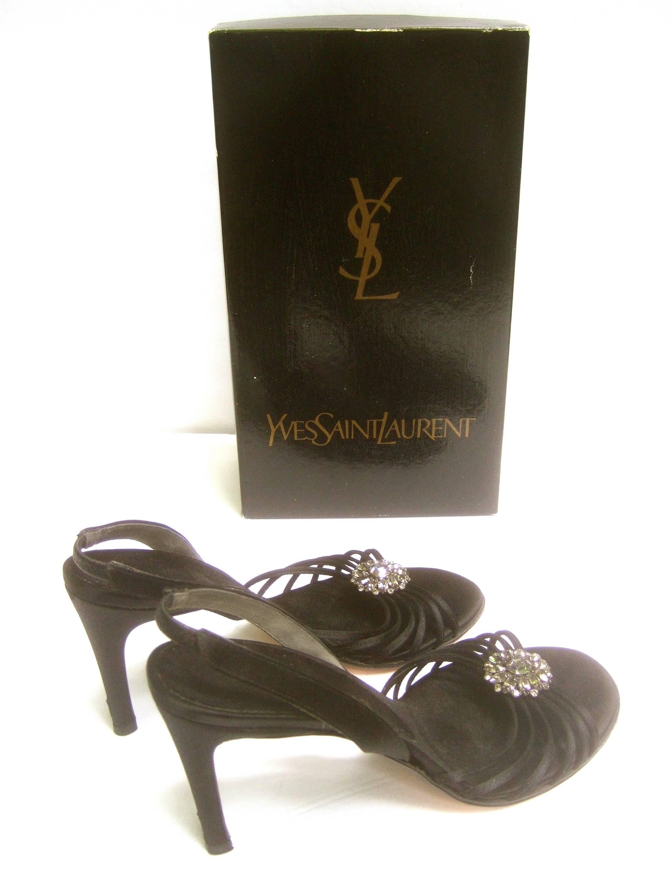 Women's Yves Saint Laurent Black Crystal Satin Pumps in YSL Box Size 7.5 M For Sale