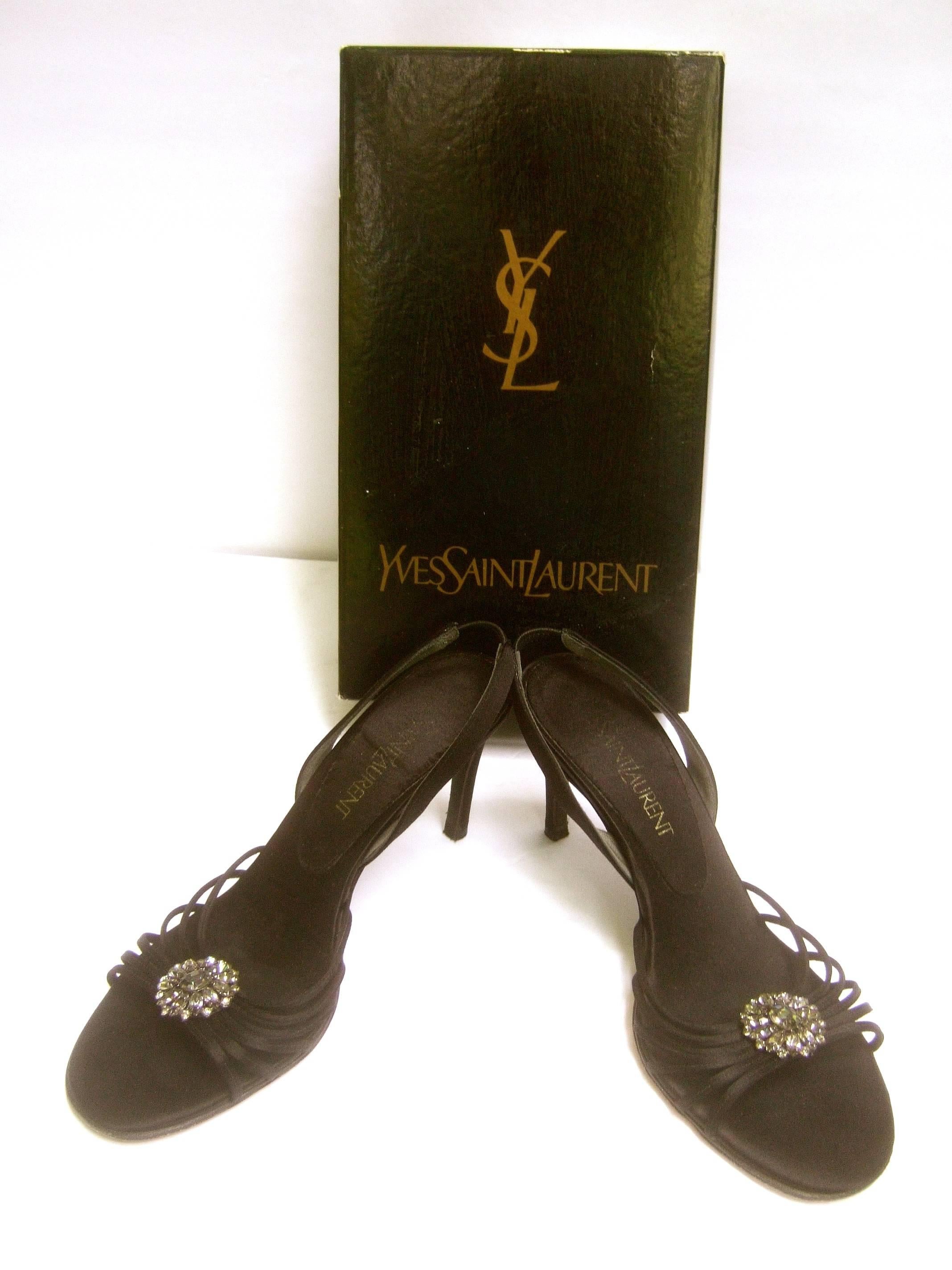 Yves Saint Laurent Black Crystal Satin Pumps in YSL Box Size 7.5 M In Good Condition For Sale In University City, MO