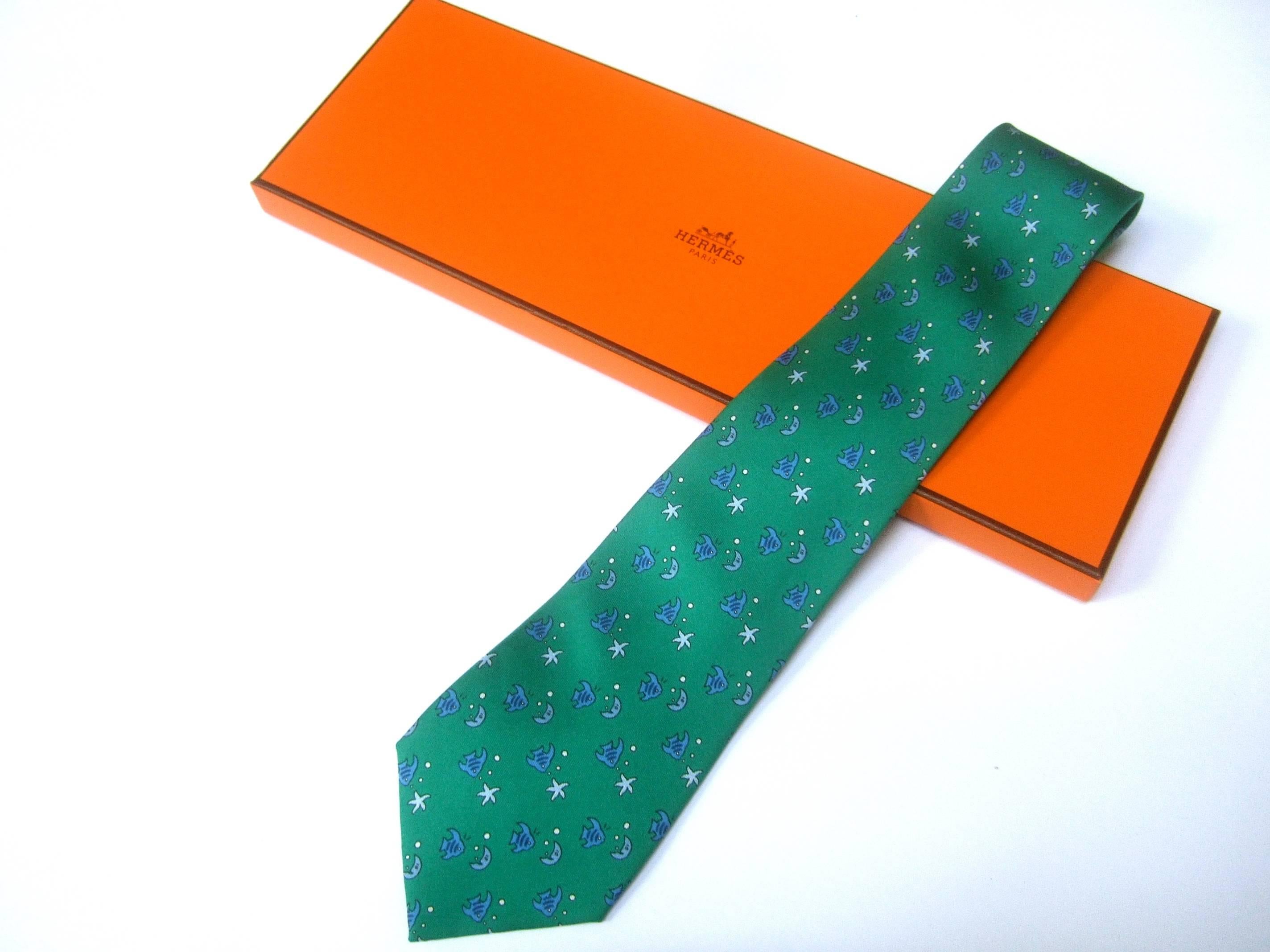 Men's Hermes Paris Whimsical Sea Life Green Silk Necktie in Hermes Box 