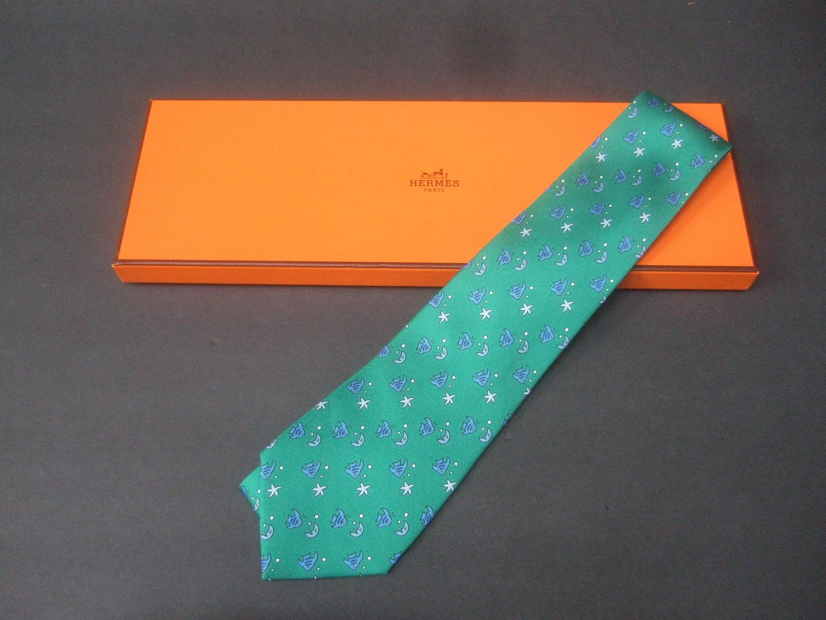 Hermes Paris Whimsical Sea Life Green Silk Necktie in Hermes Box  1