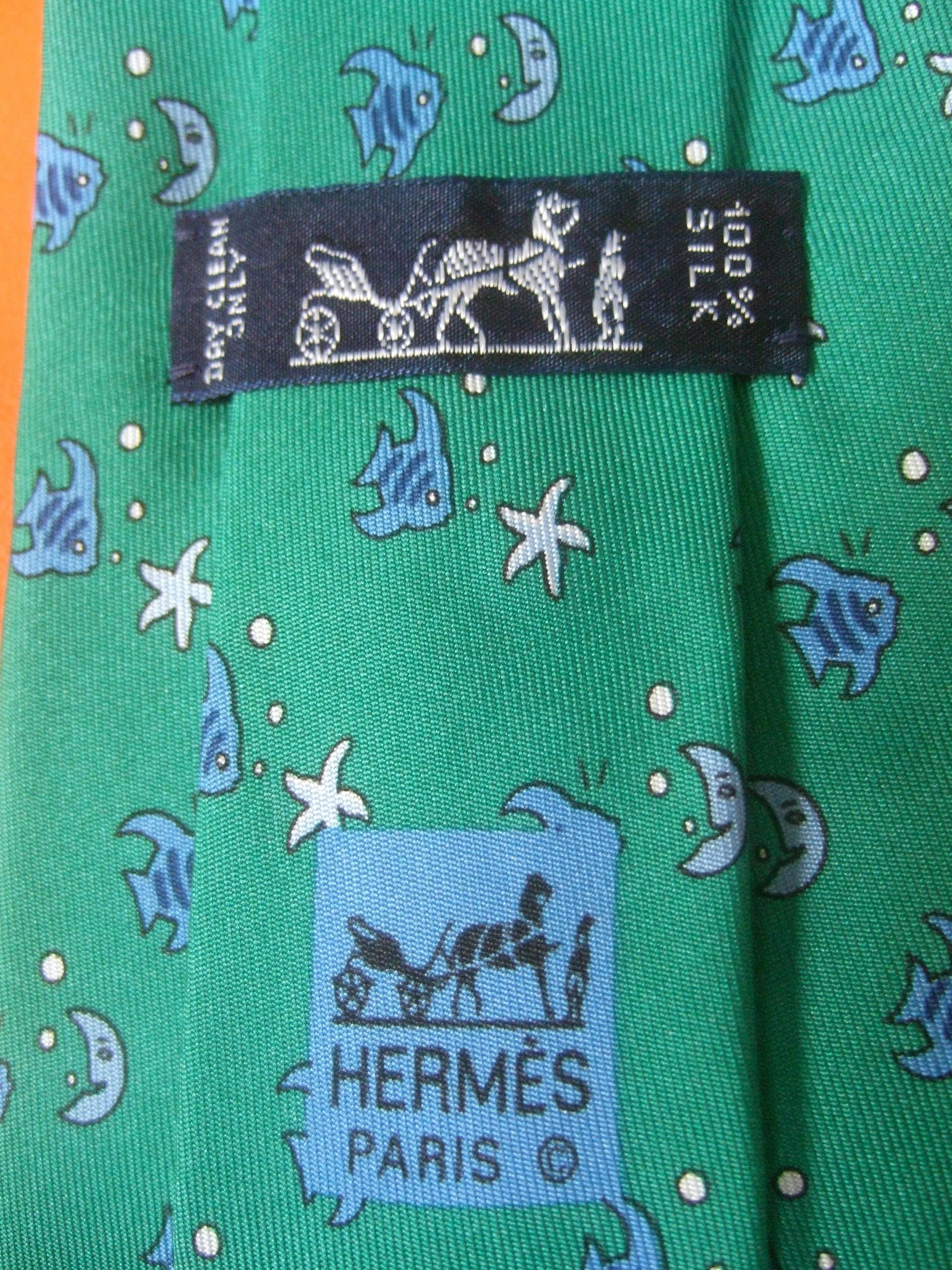 Hermes Paris Whimsical Sea Life Green Silk Necktie in Hermes Box  2