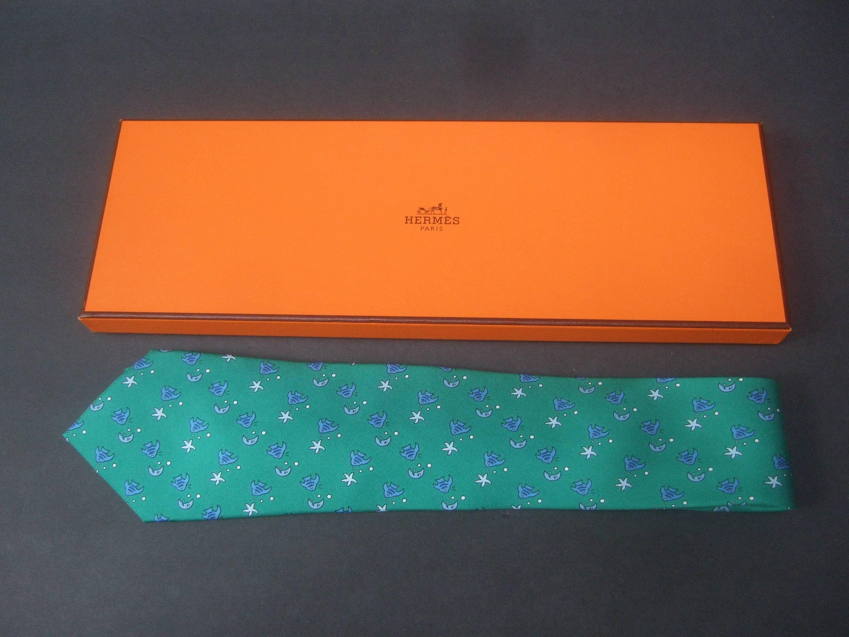 Hermes Paris Whimsical Sea Life Green Silk Necktie in Hermes Box  6
