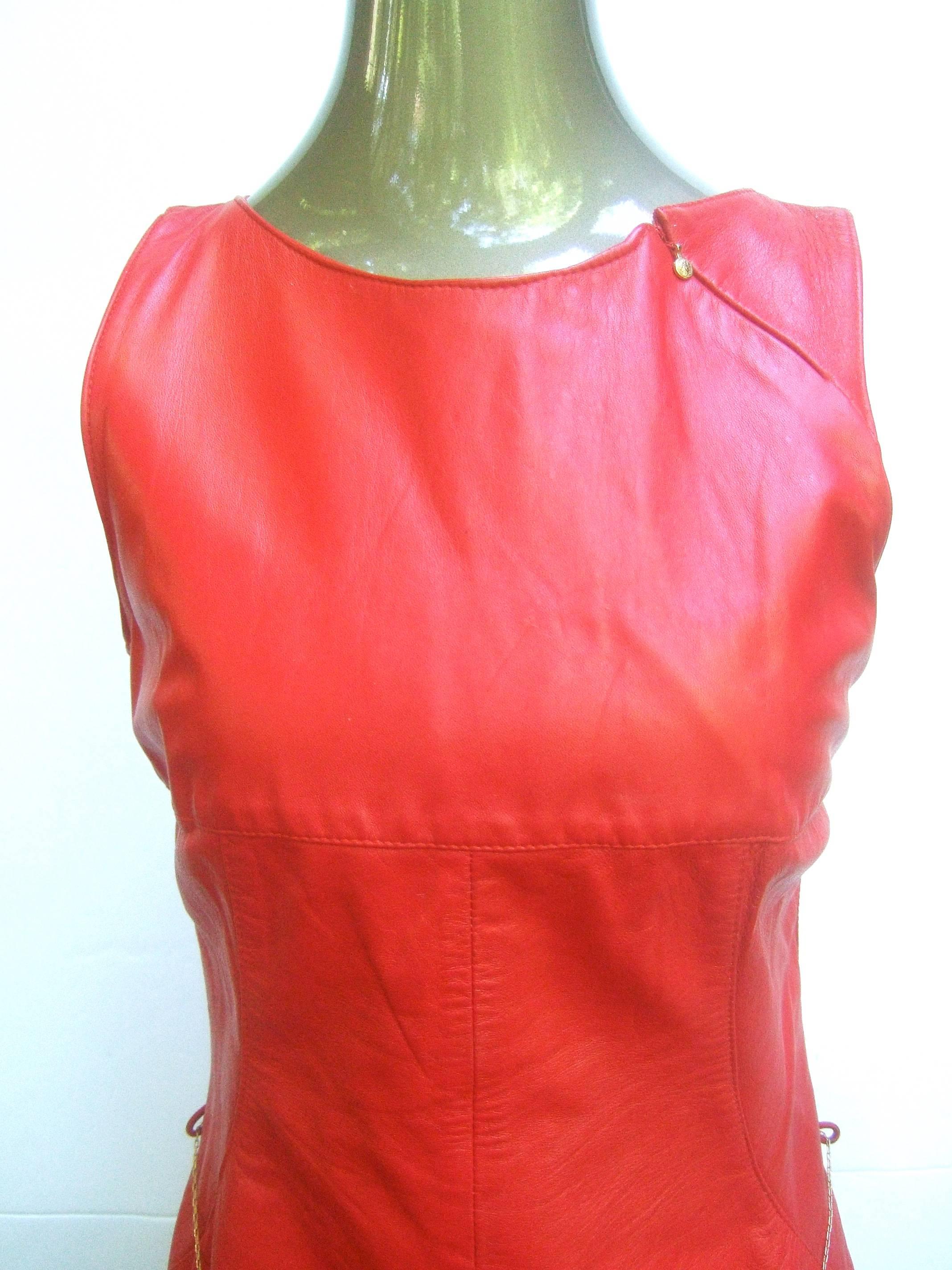 Versace Cherry Red Leather Dress with Gilt Belt. For Sale 1
