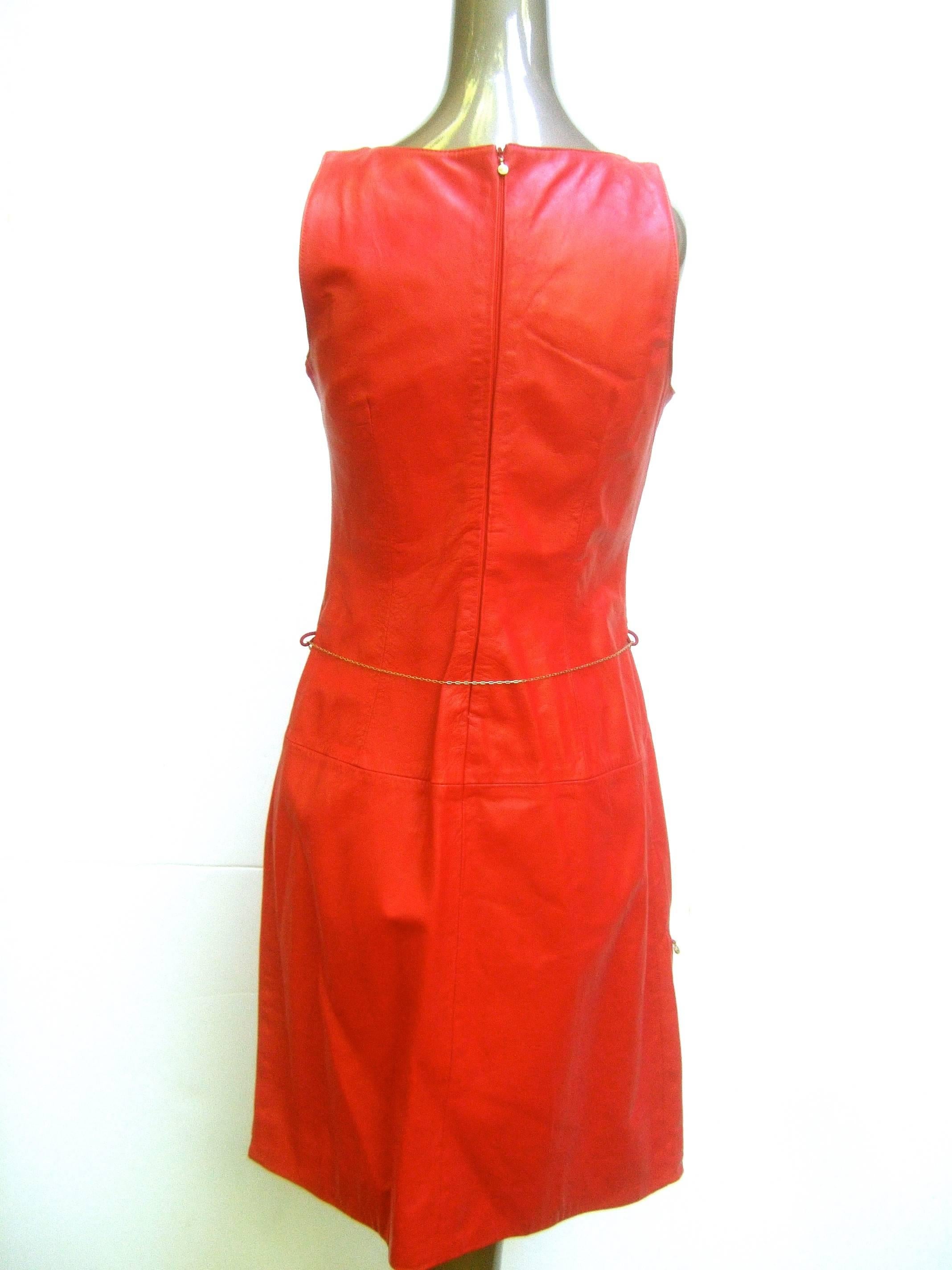 Versace Cherry Red Leather Dress with Gilt Belt. For Sale 3