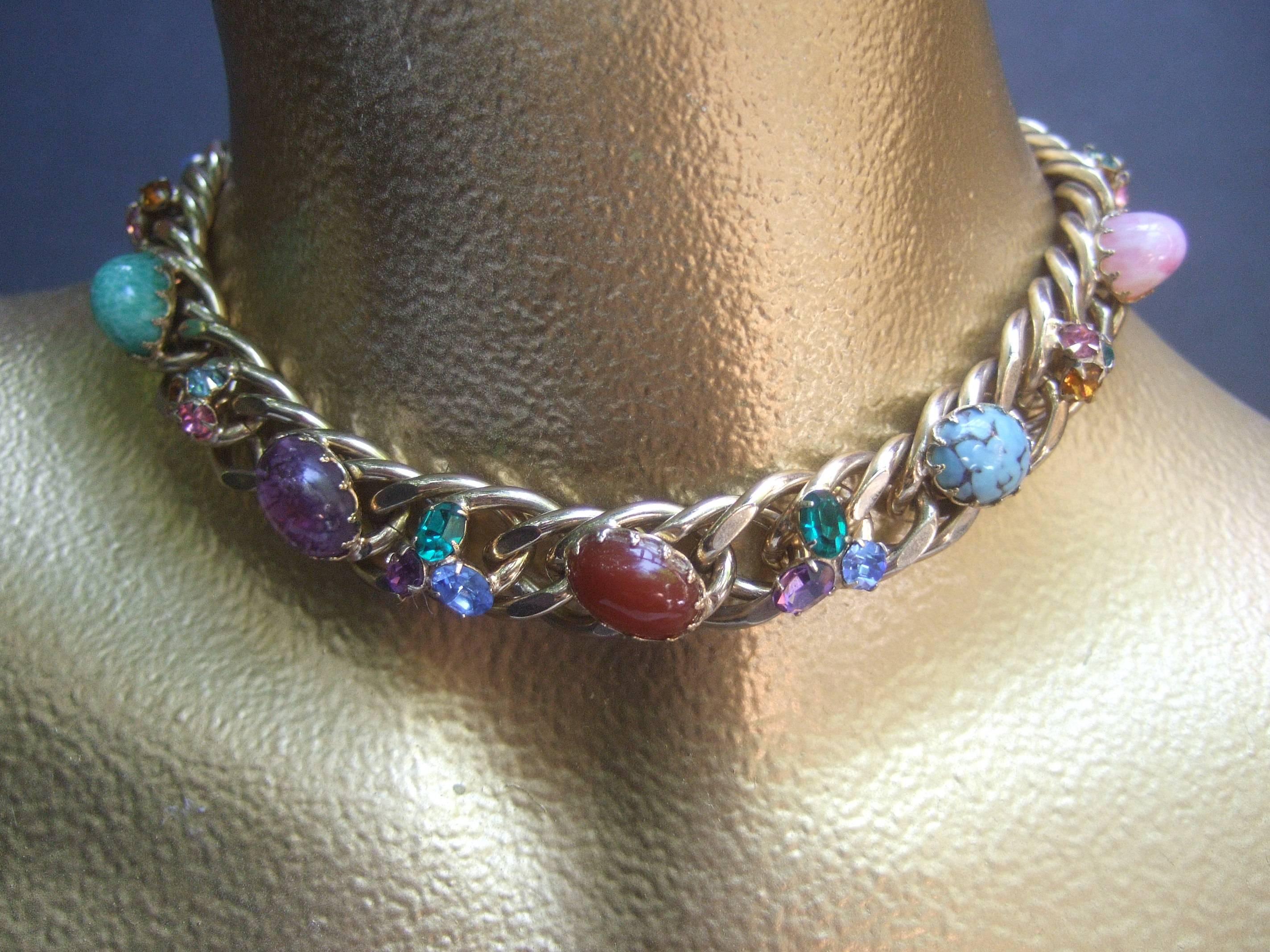 Kafin New York Glass Stone Choker Chain Necklace c 1970 3