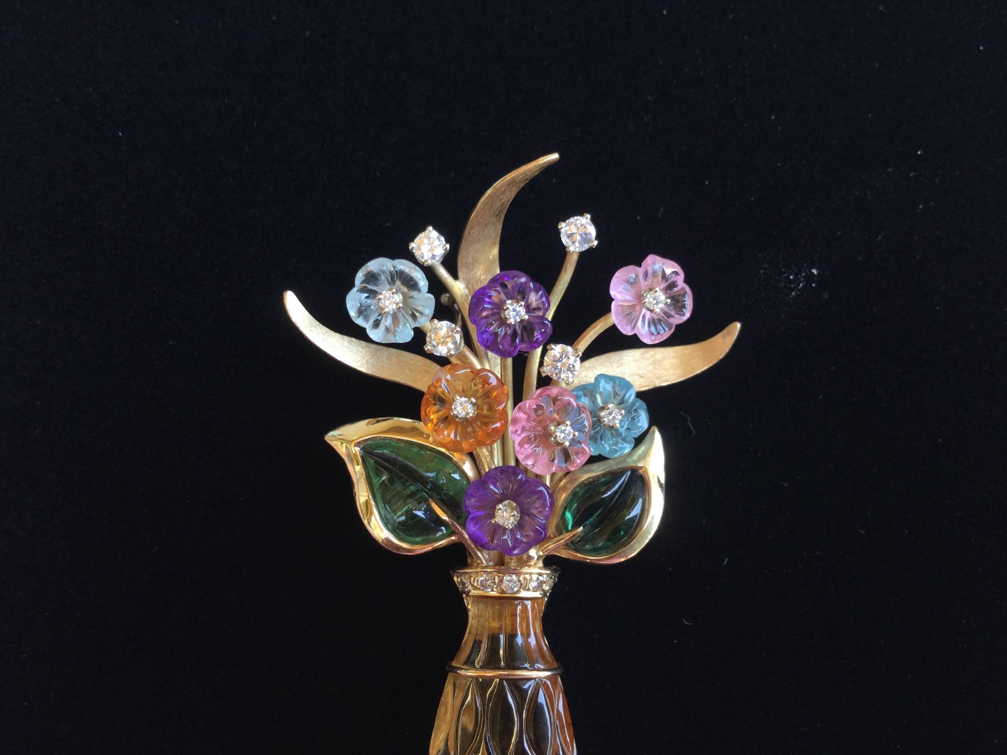 Art Deco Figural Vase Brooch of Carved Semi-Precious Flowers.  14kt Gold.