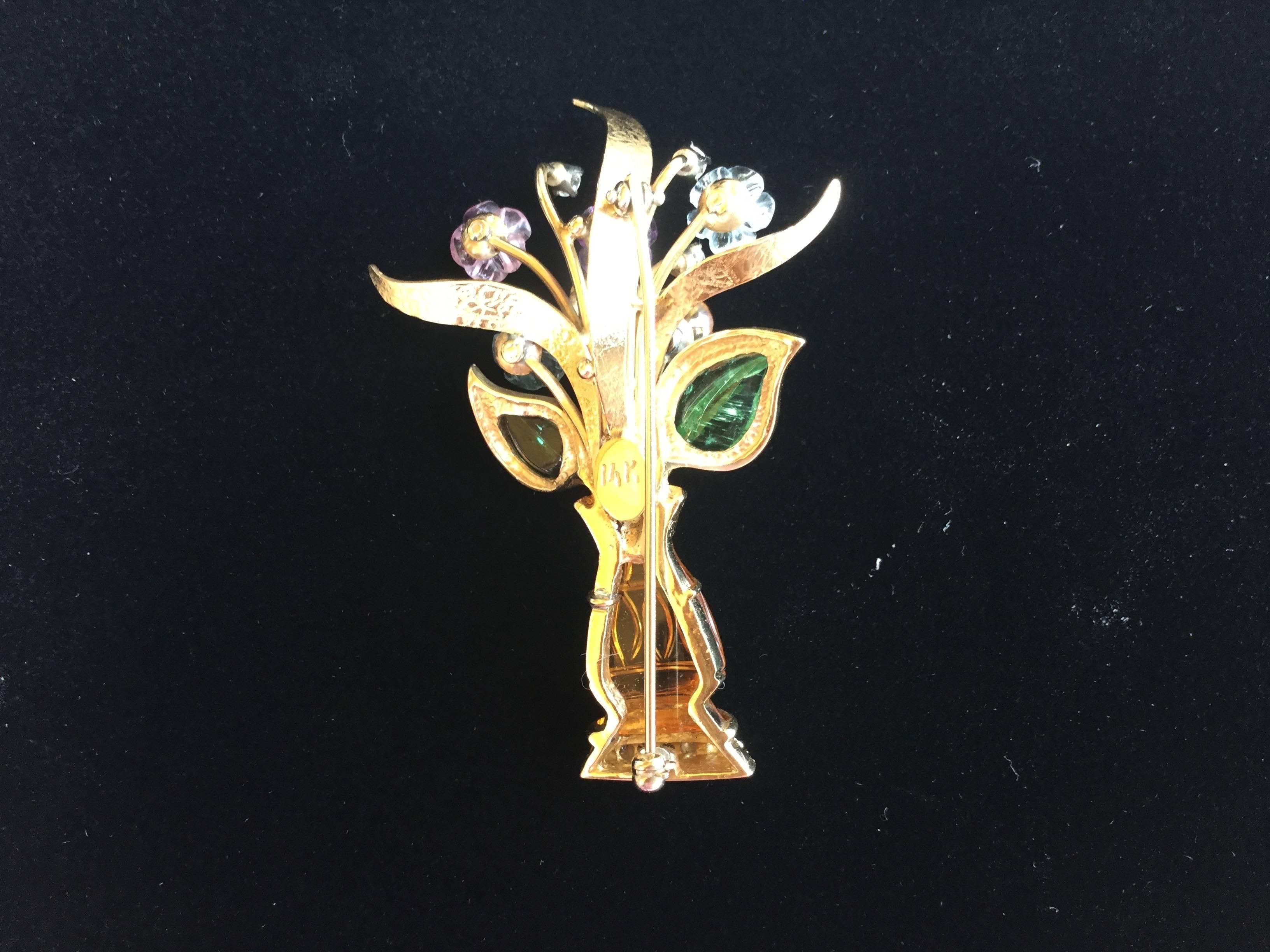 Figural Vase Brooch of Carved Semi-Precious Flowers.  14kt Gold. 1