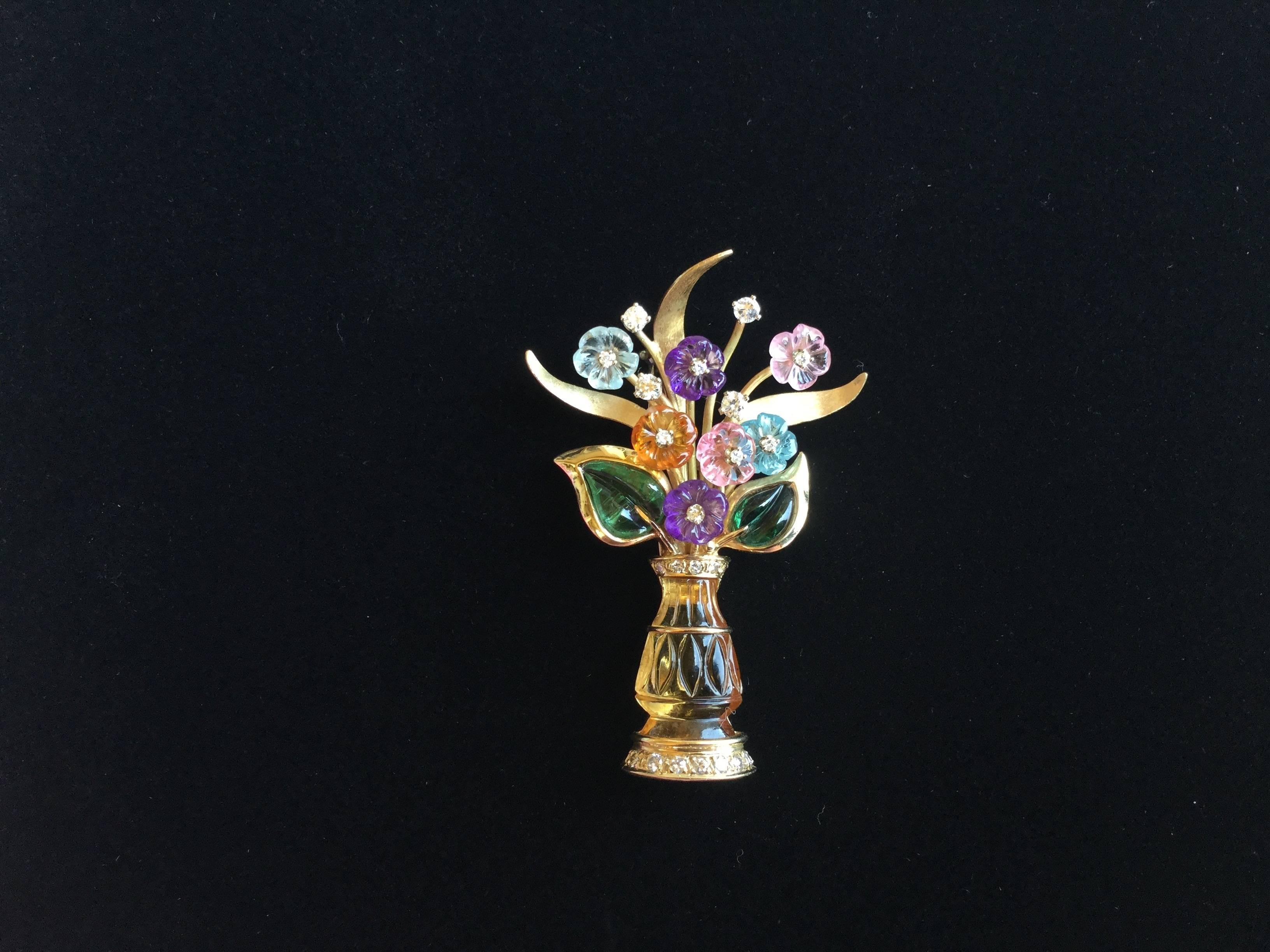Figural Vase Brooch of Carved Semi-Precious Flowers.  14kt Gold. 3