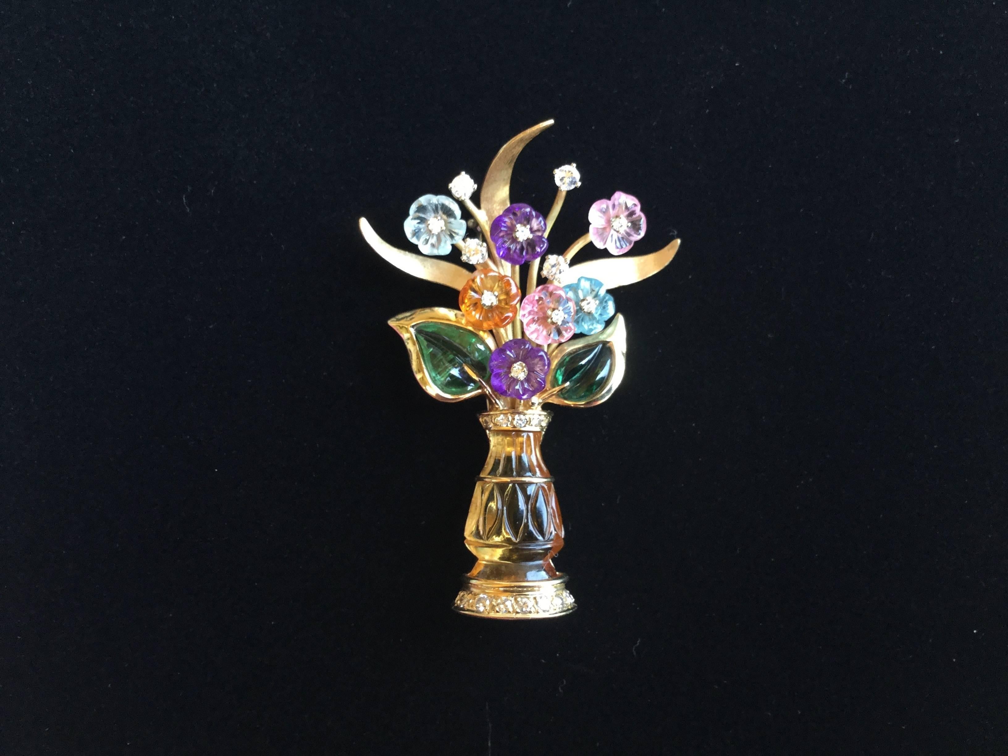 Figural Vase Brooch of Carved Semi-Precious Flowers.  14kt Gold. 4