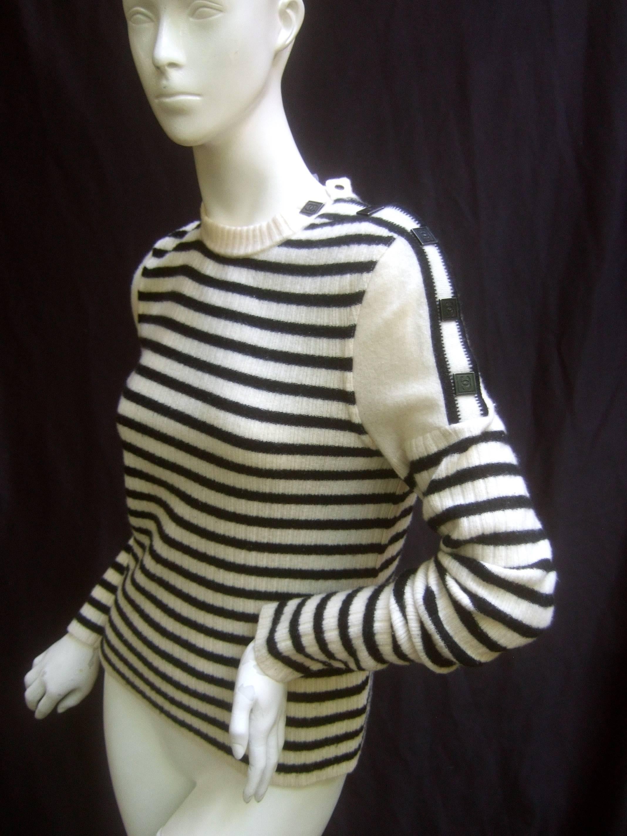 Chanel Nautical Theme Striped Wool Italian Sweater with Chanel Buttons  In Good Condition In University City, MO