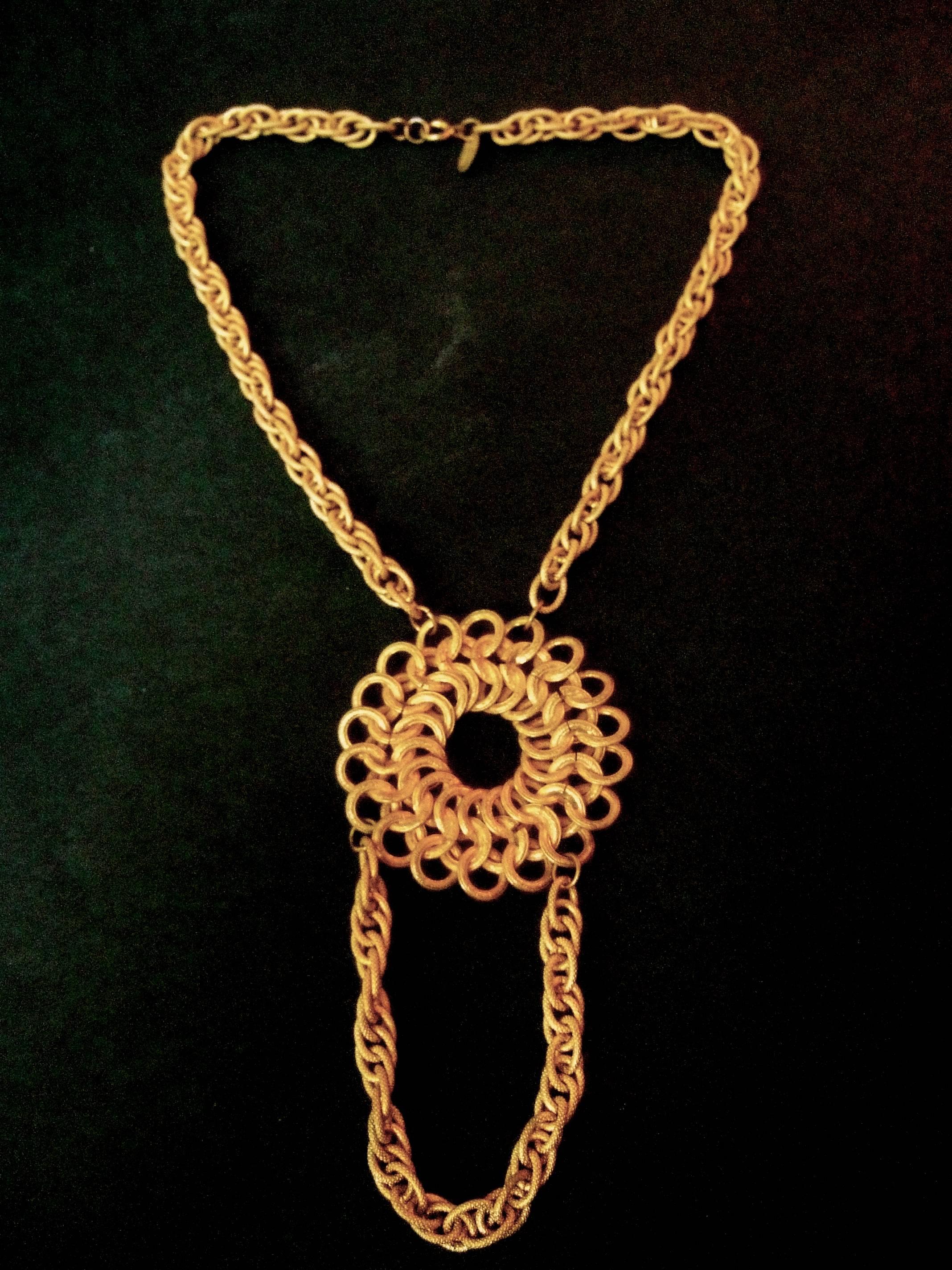 Women's Miriam Haskell Russian Gilt Metal Pendant Necklace c 1970 For Sale