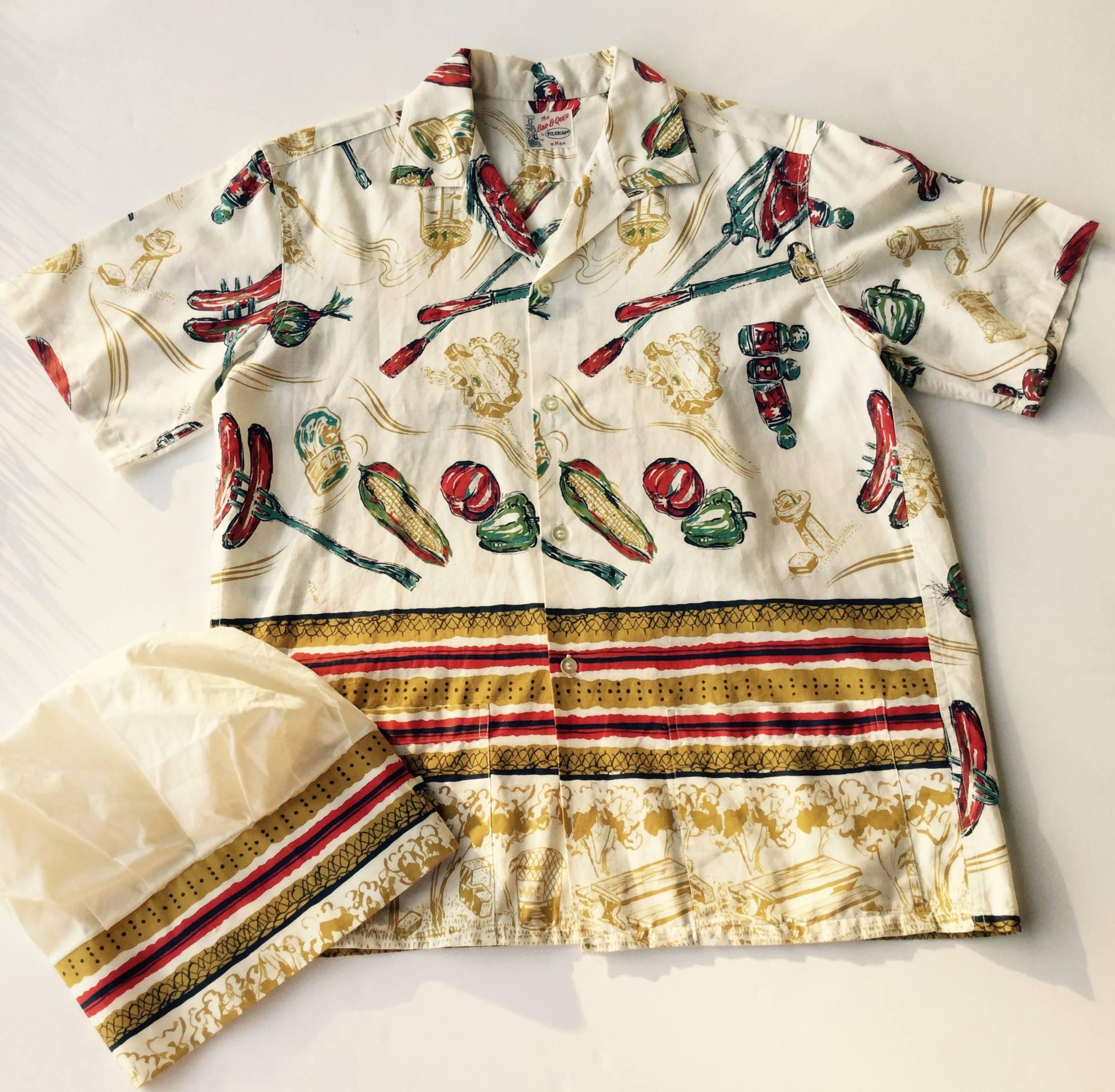 1950's Barbeque Themed Men's Cabana Shirt and Matching Hat.  2