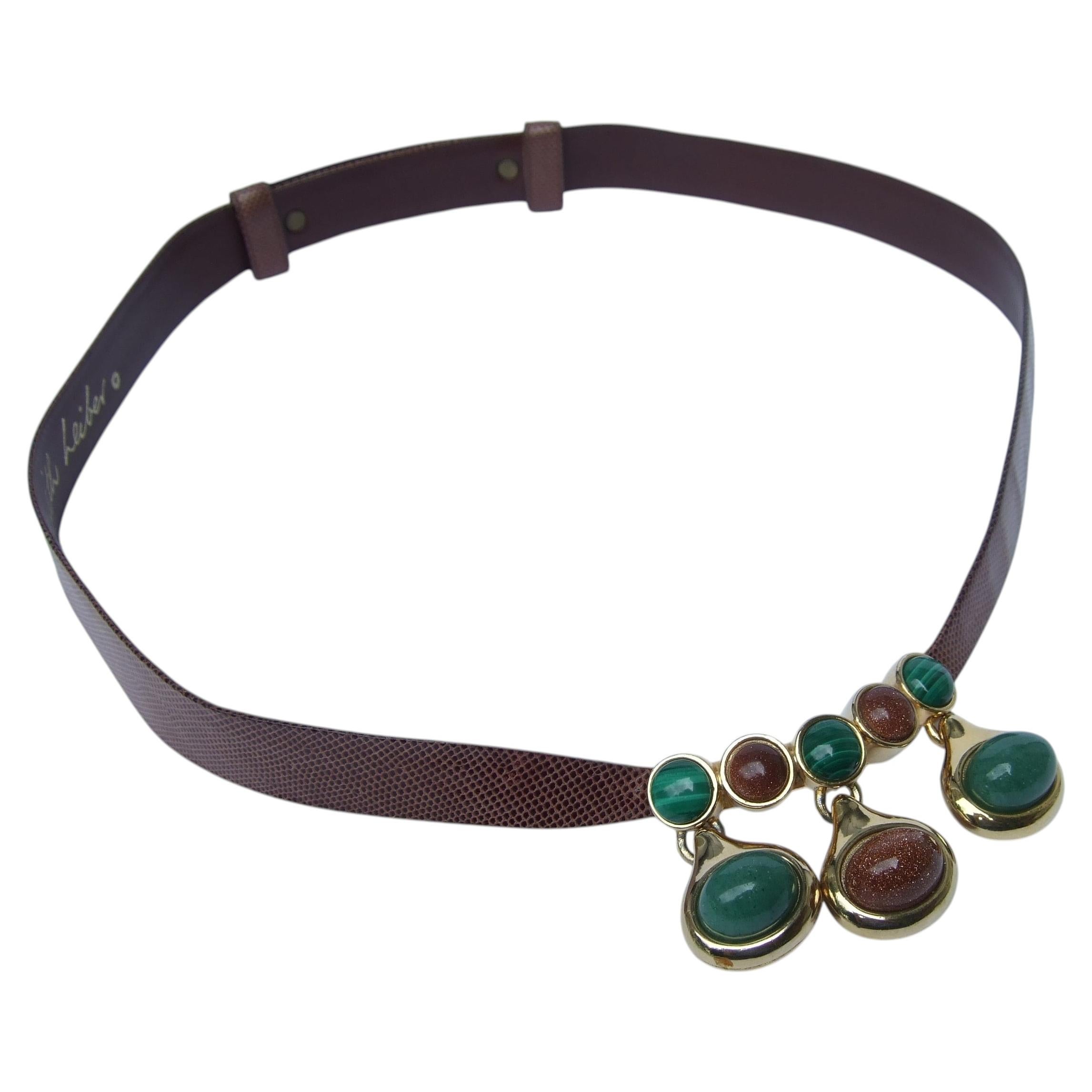 JUDITH LEIBER Semi-precious Dangling Cabochon Brown Krung Leather Belt c 1980s