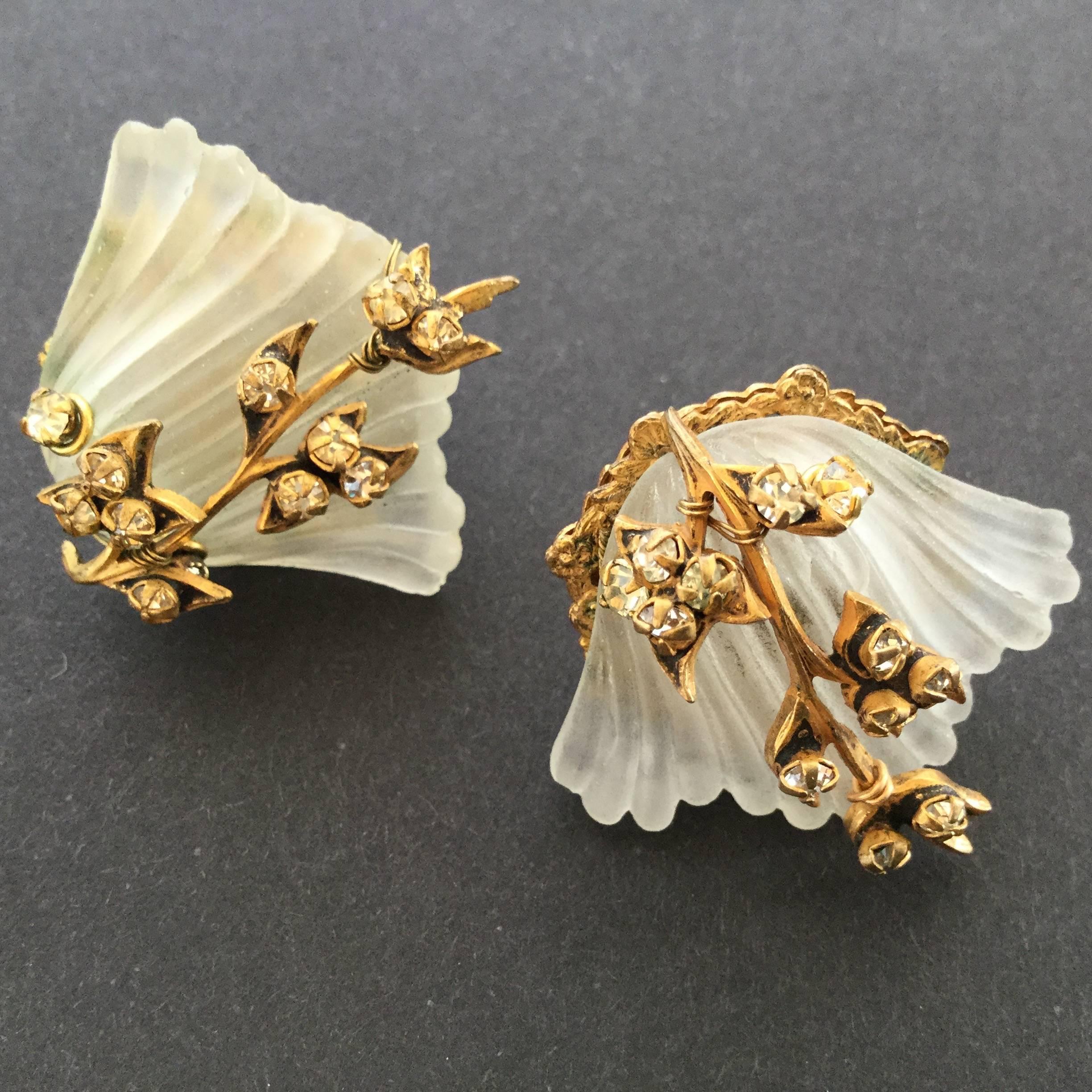 Miriam Haskell Glass Sea Shell Earrings. 1960's. 1