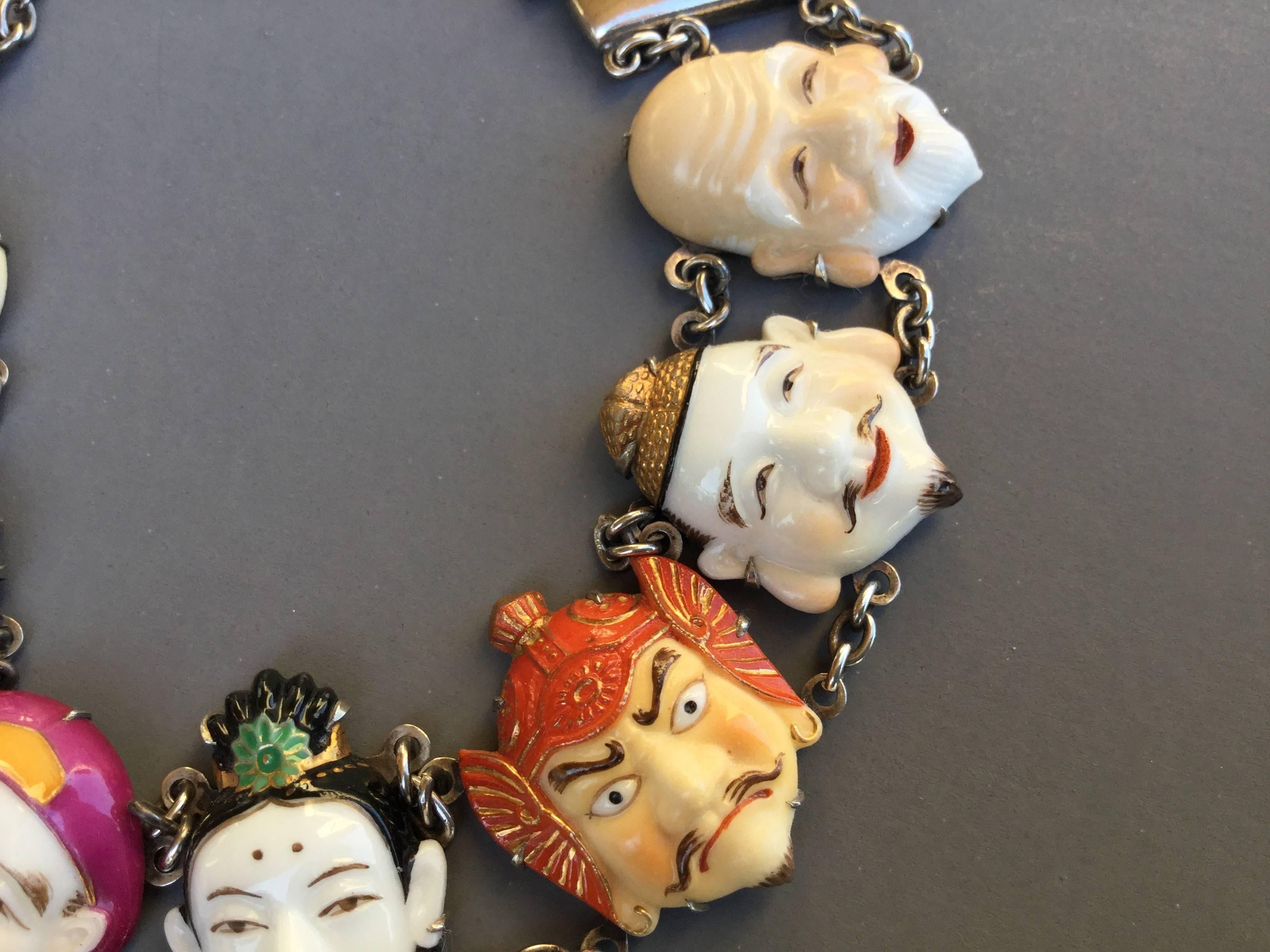 Women's or Men's Toshikane Seven Lucky Gods Bracelet. Porcelain and Silver. 1940's.