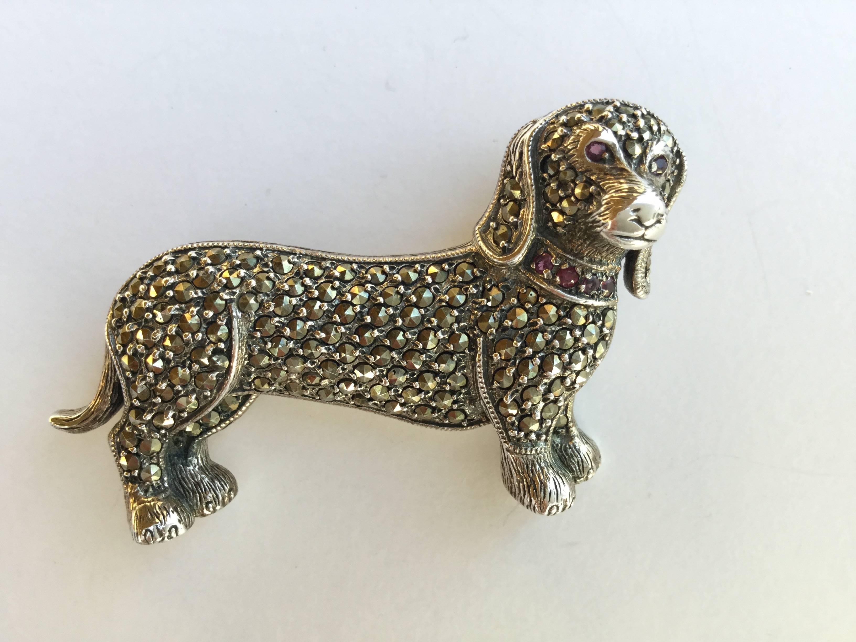 Adorable Marcasite and Sterling Silver Dog Brooch. 1980's. In Excellent Condition In University City, MO