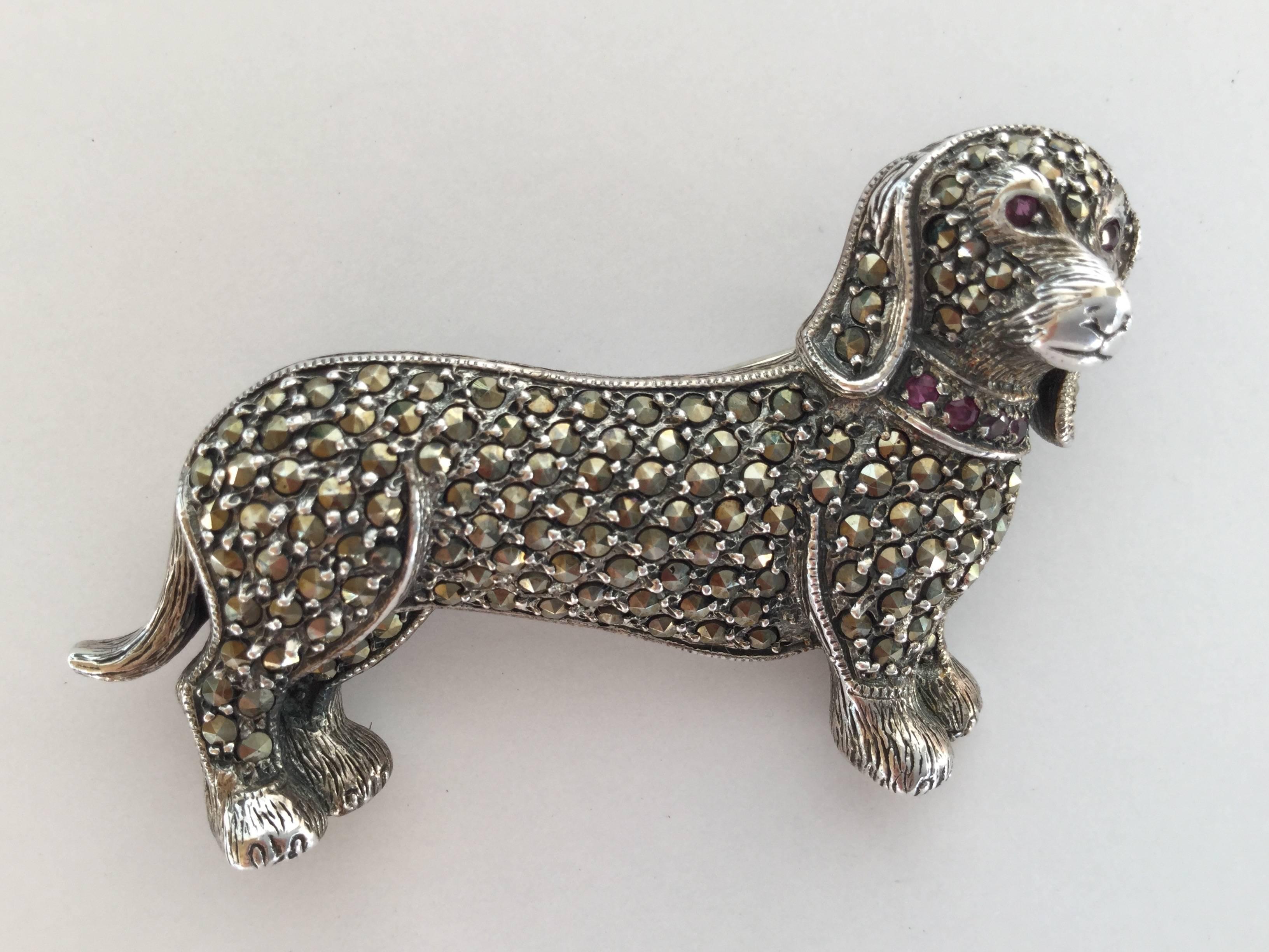 Women's or Men's Adorable Marcasite and Sterling Silver Dog Brooch. 1980's.