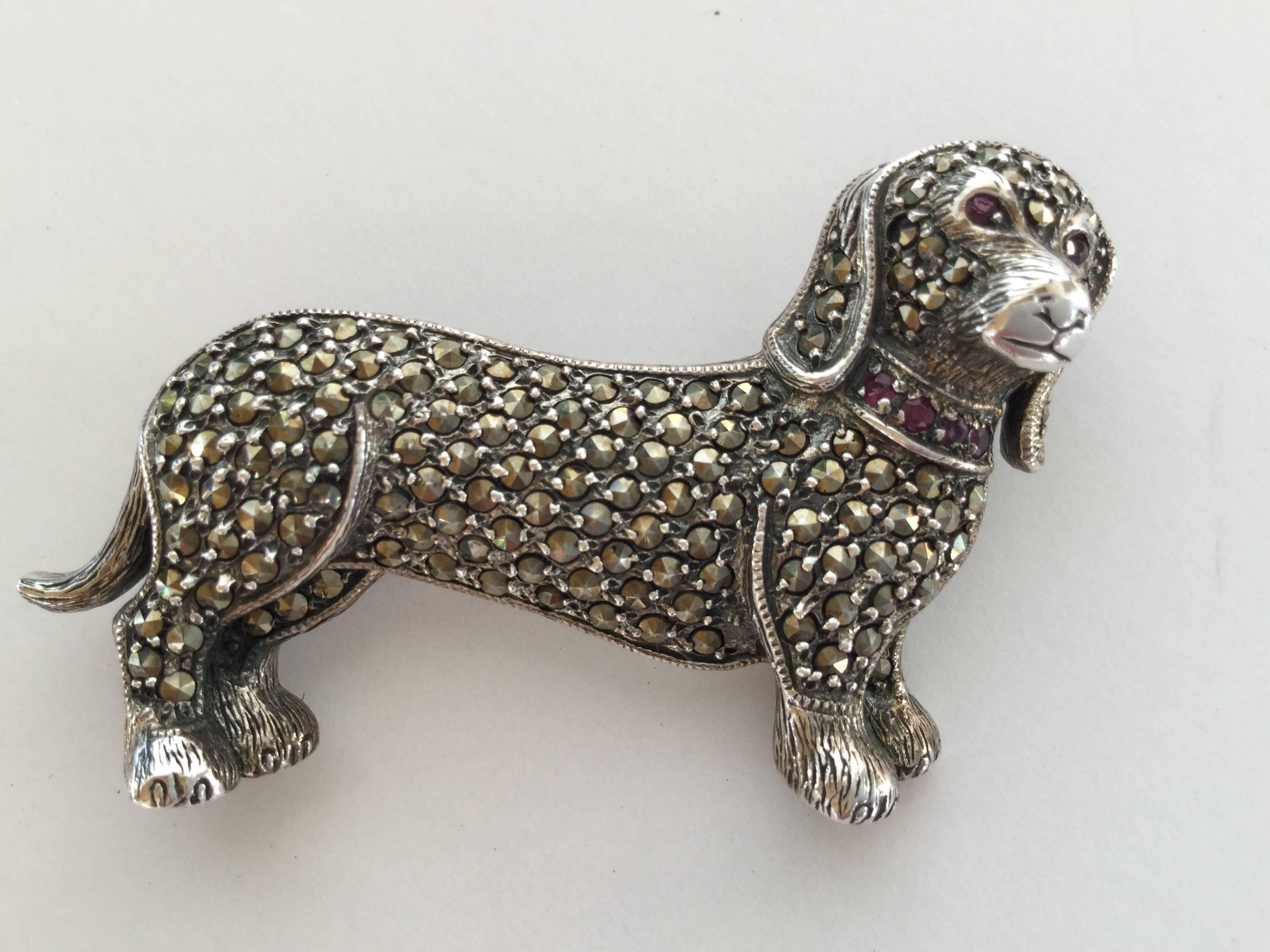 Adorable Marcasite and Sterling Silver Dog Brooch. 1980's. 1