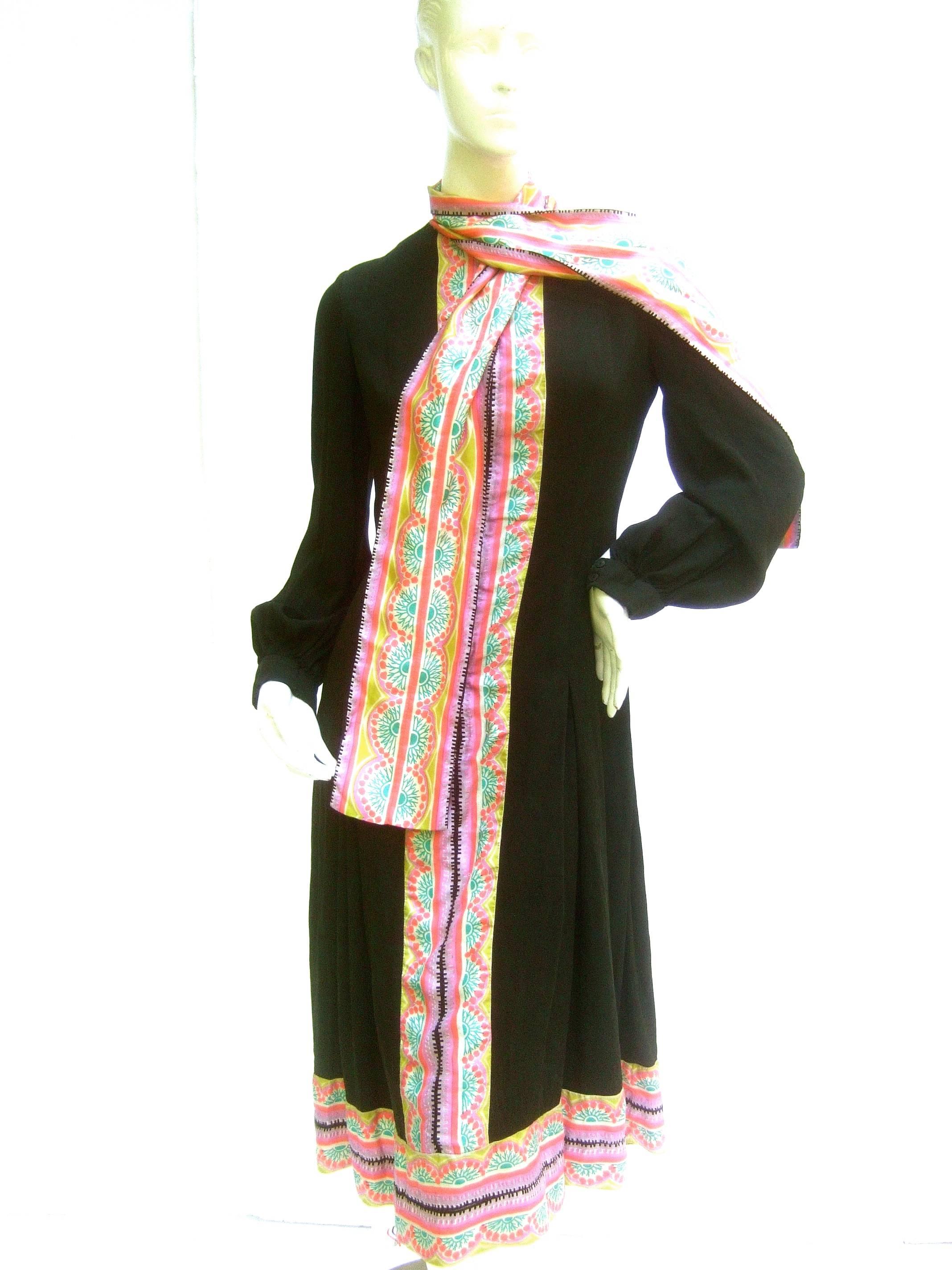 Chester Weinberg Innovative Black Silk Pastel Trim Dress c 1970 For Sale 1