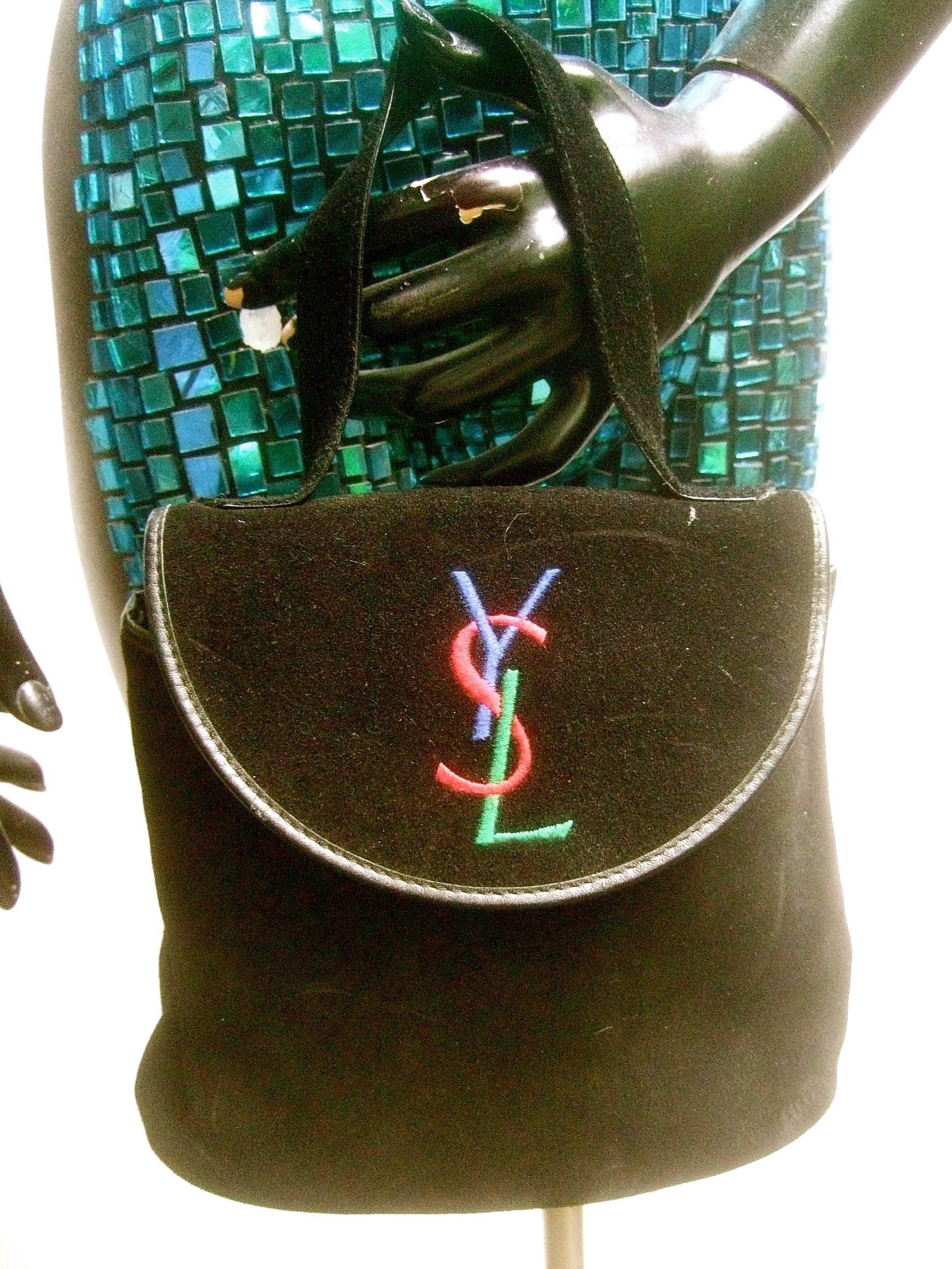 Yves Saint Laurent Chic Black Suede YSL Embroidered Handbag c 1990s In Good Condition In University City, MO
