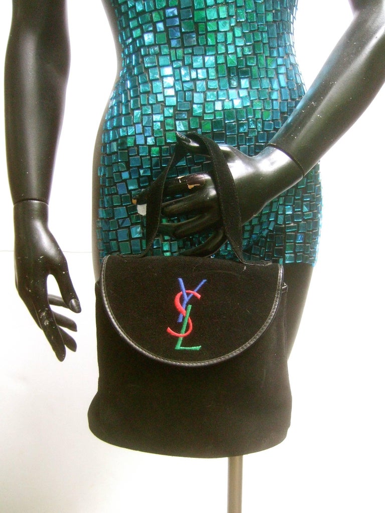 Yves Saint Laurent Chic Black Suede YSL Embroidered Handbag c 1990s at
