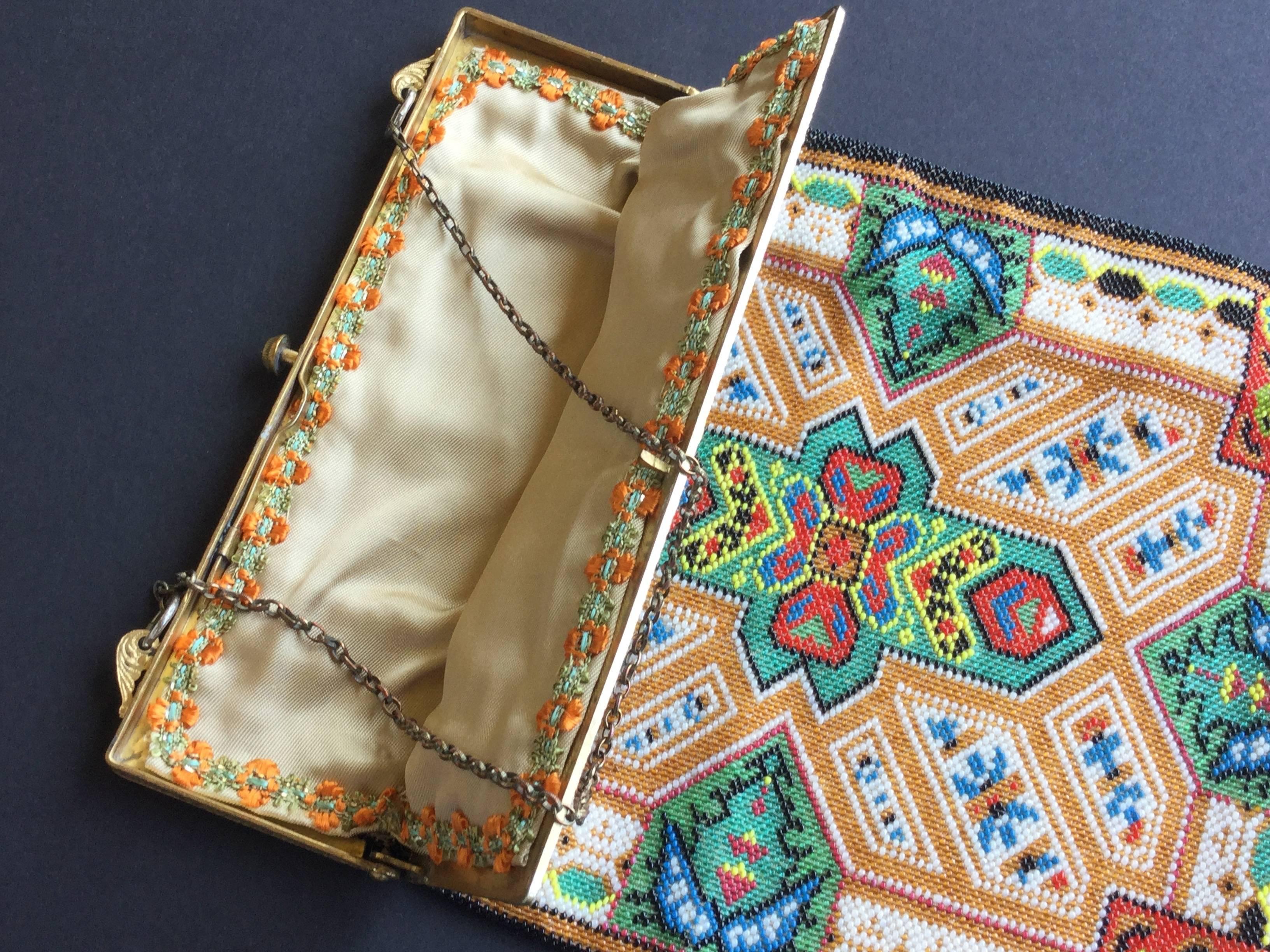 Brown Large Victorian Beaded Bag Rare Oriental Carpet Design. 1880's.