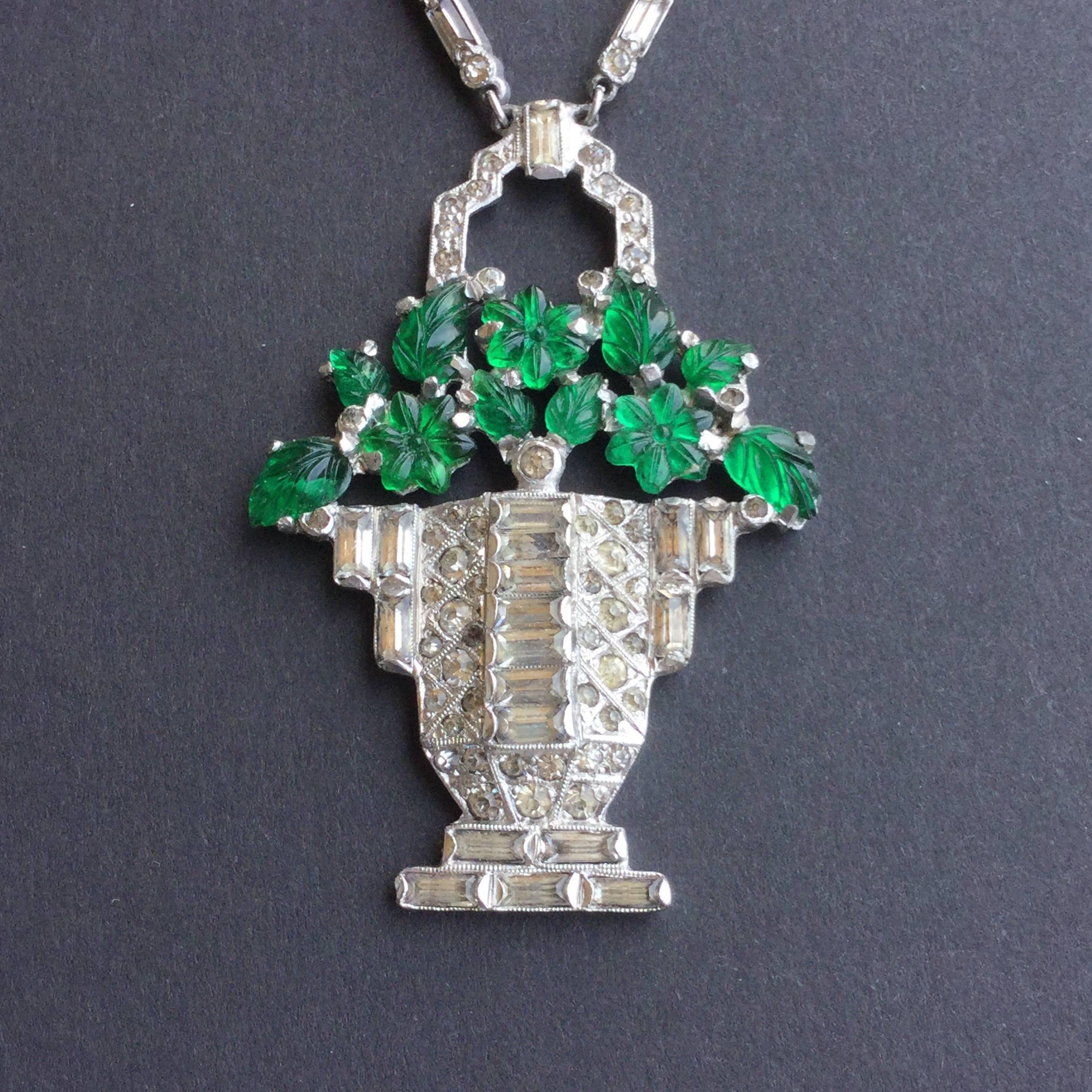 Cartier Style Art Deco Necklace. Basket of Glass Flowers. 1930's. In Good Condition In University City, MO