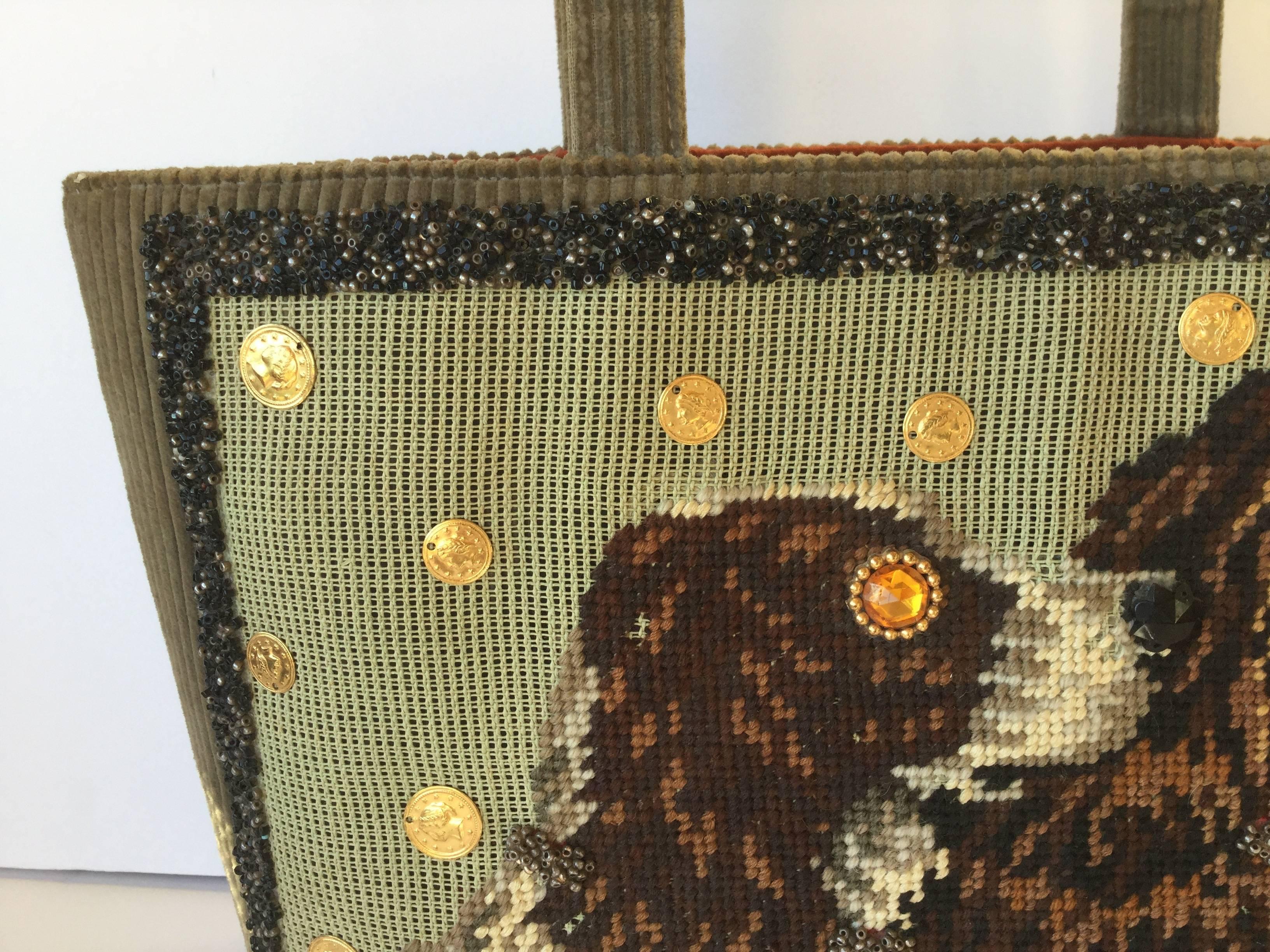Black Autumnal Olive Green Corduroy Tote with Needlepoint Spaniels. Late 1950's. Saks.