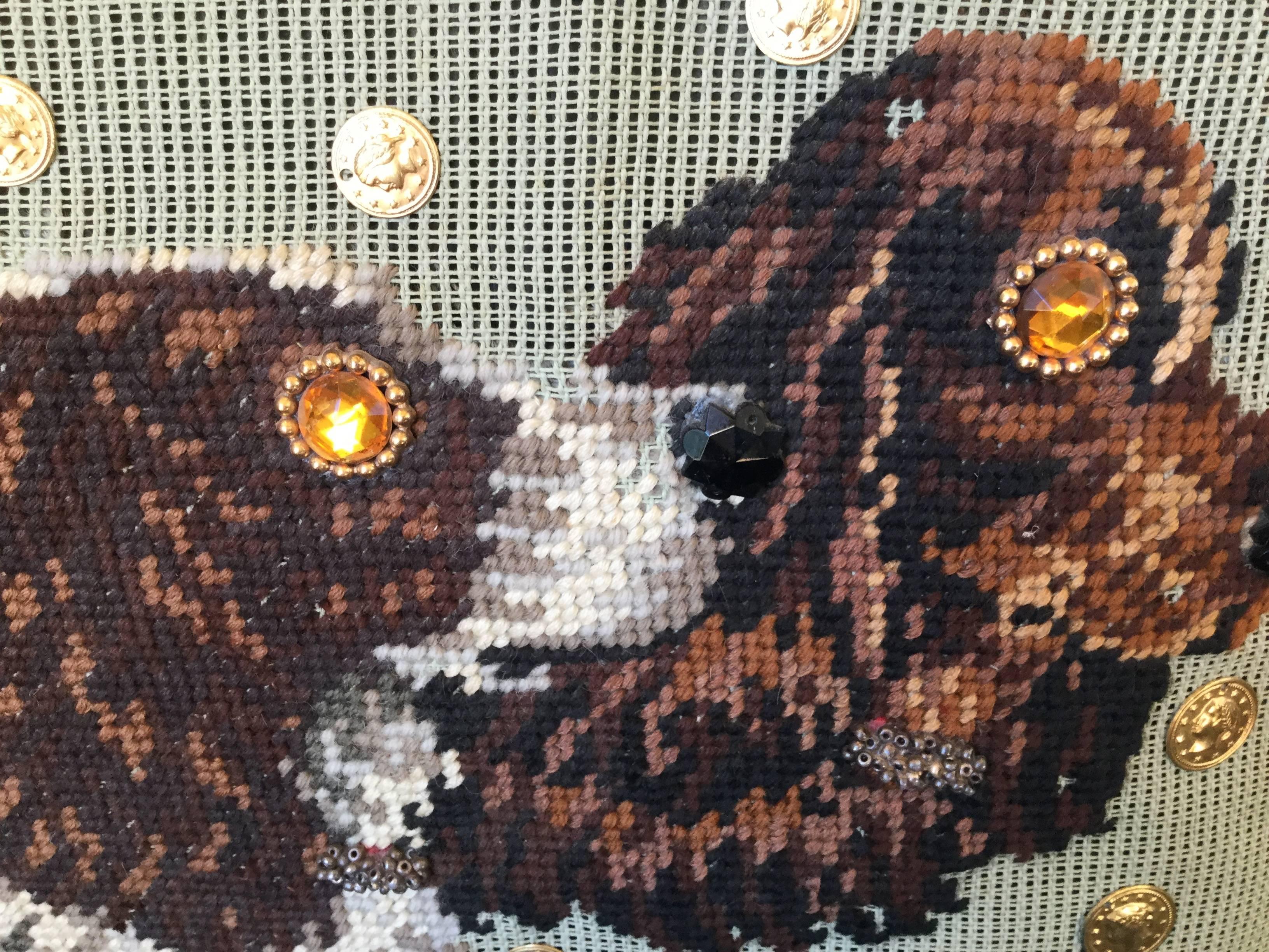 Women's or Men's Autumnal Olive Green Corduroy Tote with Needlepoint Spaniels. Late 1950's. Saks.
