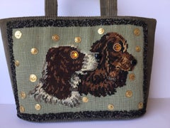 Autumnal Olive Green Corduroy Tote with Needlepoint Spaniels. Late 1950's. Saks.