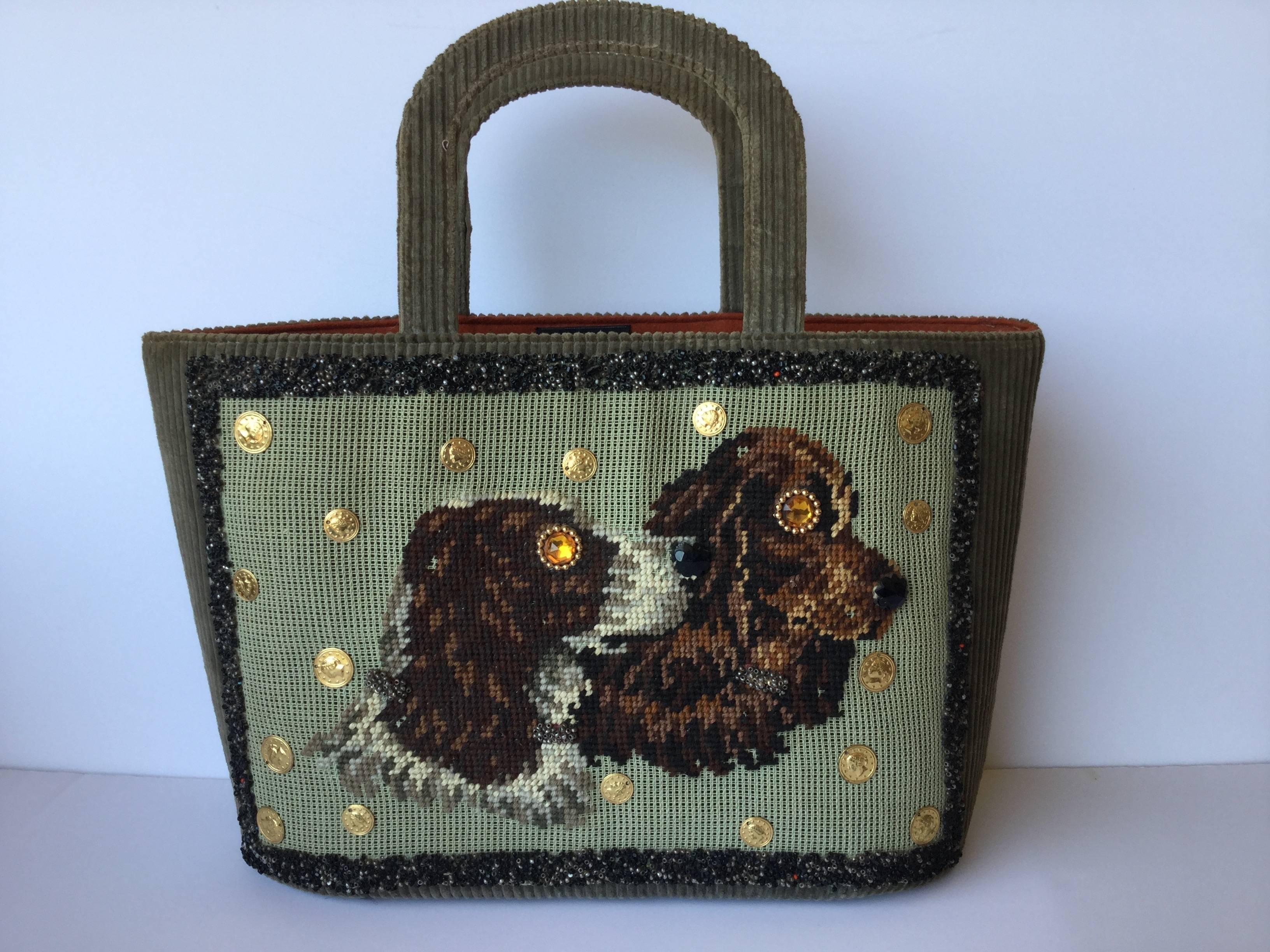 Autumnal Olive Green Corduroy Tote with Needlepoint Spaniels. Late 1950's. Saks. In Excellent Condition In University City, MO