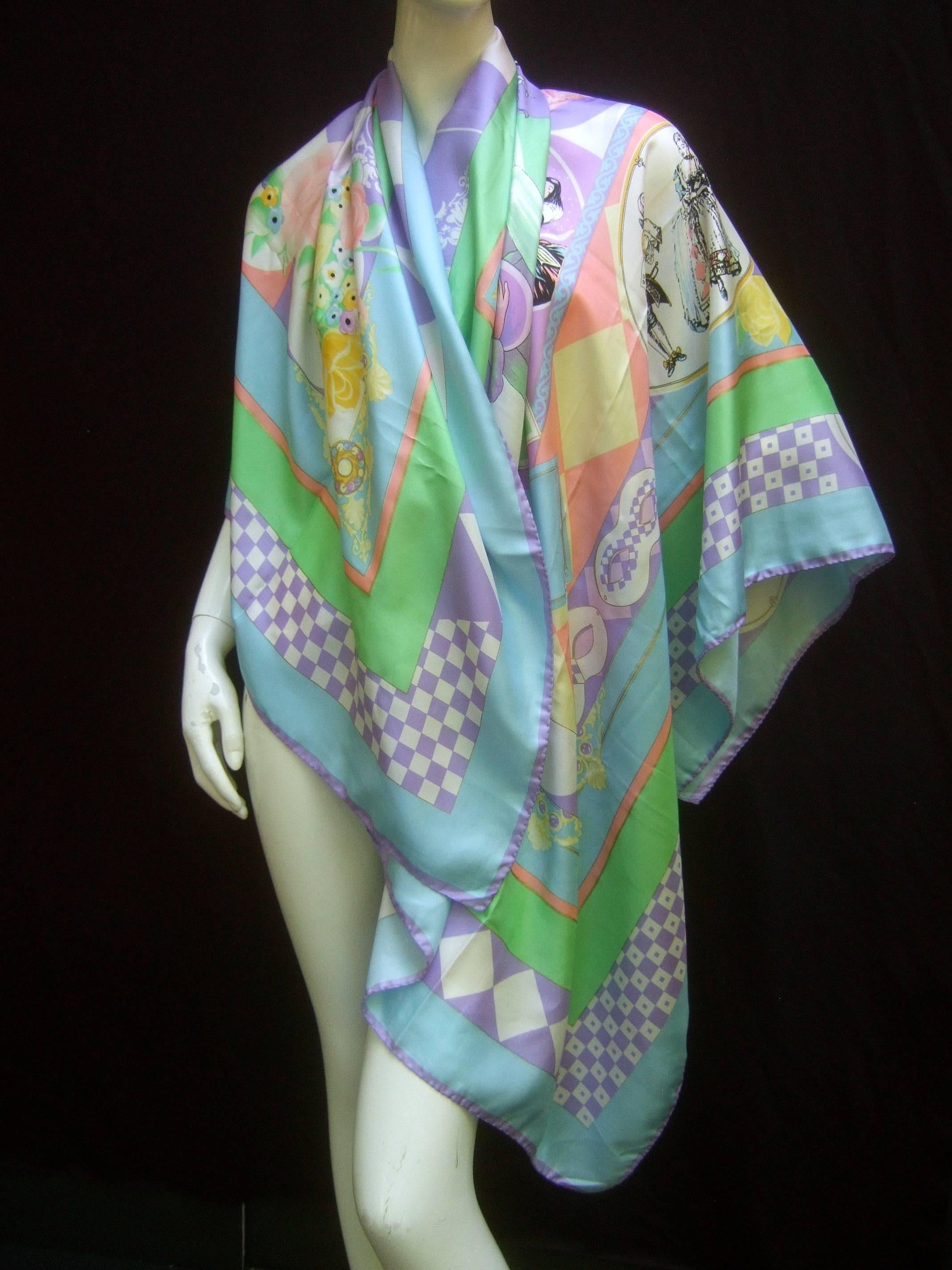 Exquisite Italian pastel silk Venice theme massive shawl - scarf
The luxurious silk textile is illustrated with a collection
of dramatic figures in vibrant costumes and masks 

The colorful figures include a court jester, mandolin
player, a romantic
