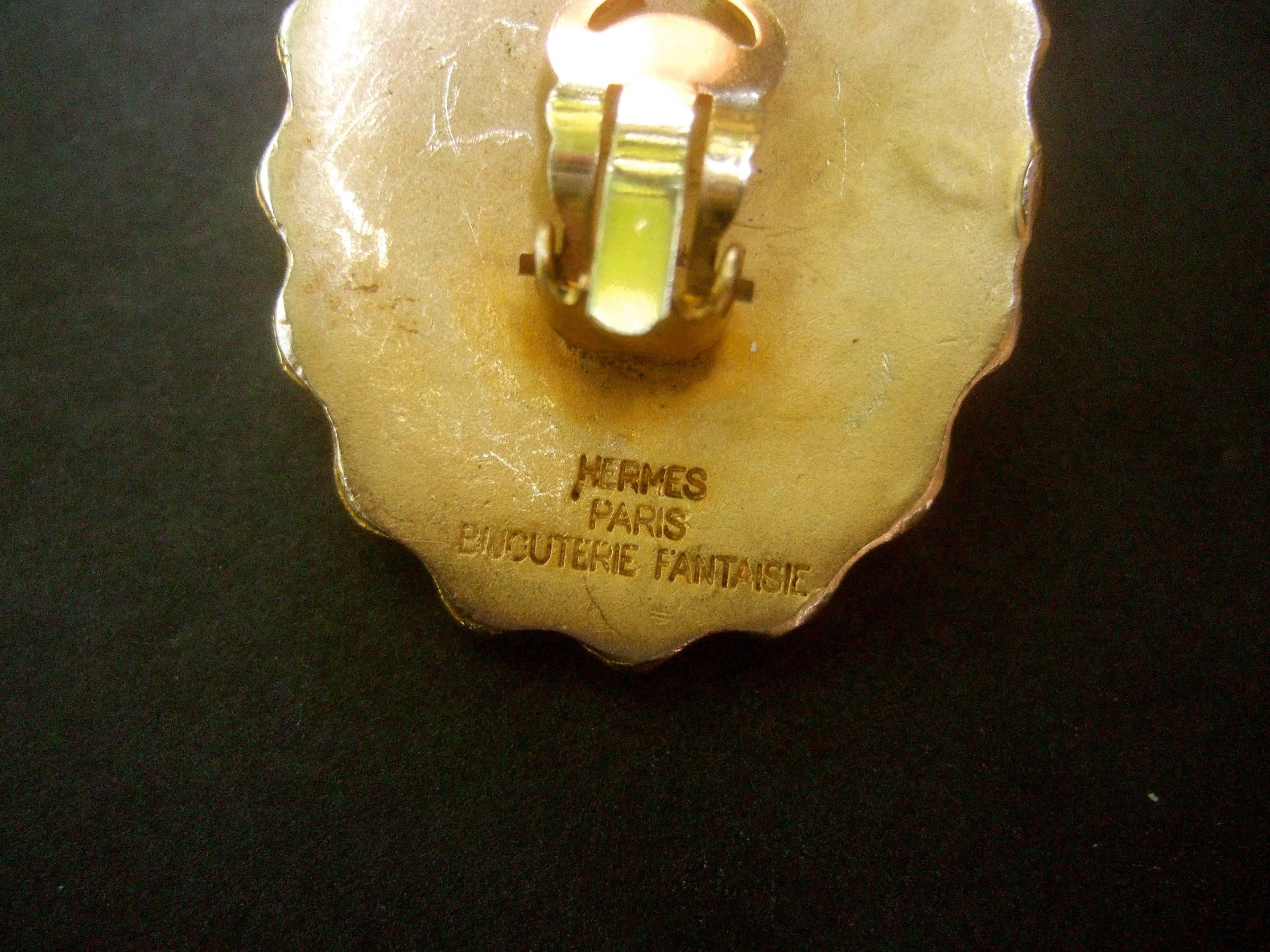 Hermes Paris Gilt Metal Sun Burst Clip on Earrings in Hermes Pouch  3