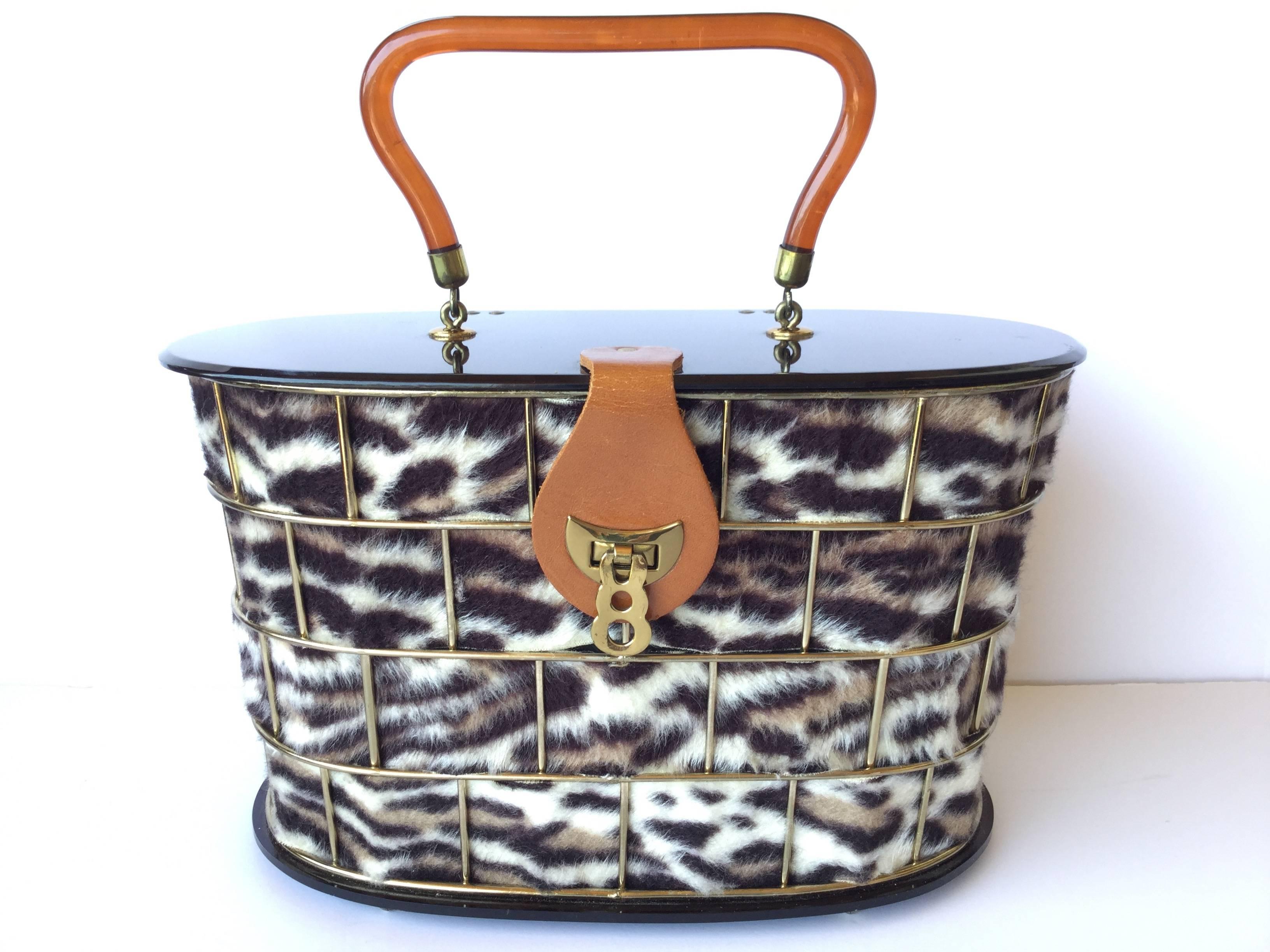 Women's or Men's 1950's Dorset Rex Cage Bag with Lucite and Faux Leopard. Large Scale.