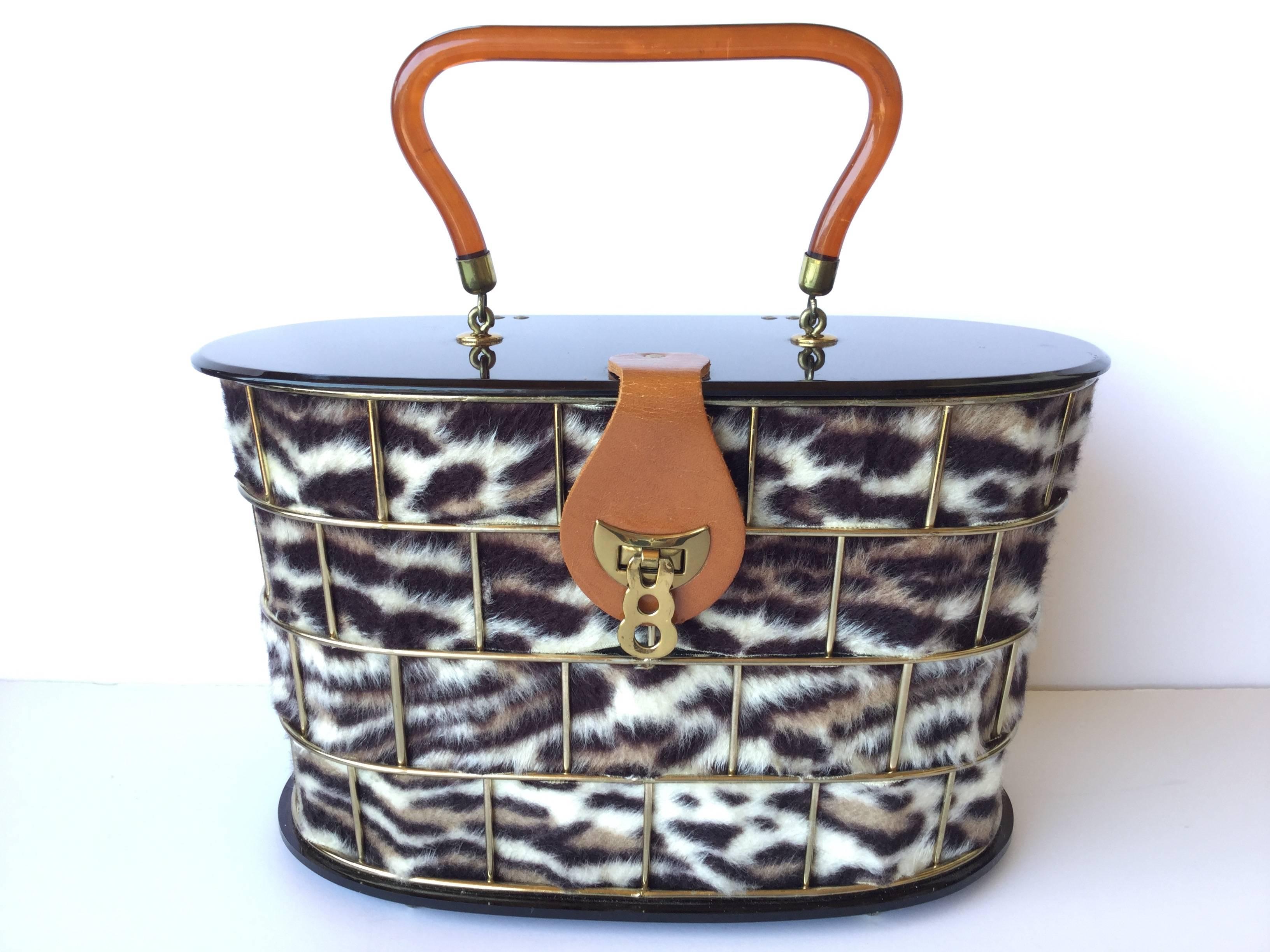 1950's Dorset Rex Cage Bag with Lucite and Faux Leopard. Large Scale. 1
