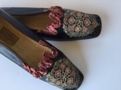 Antique Embroidered and Beribboned Shoes. French. 1840's.
