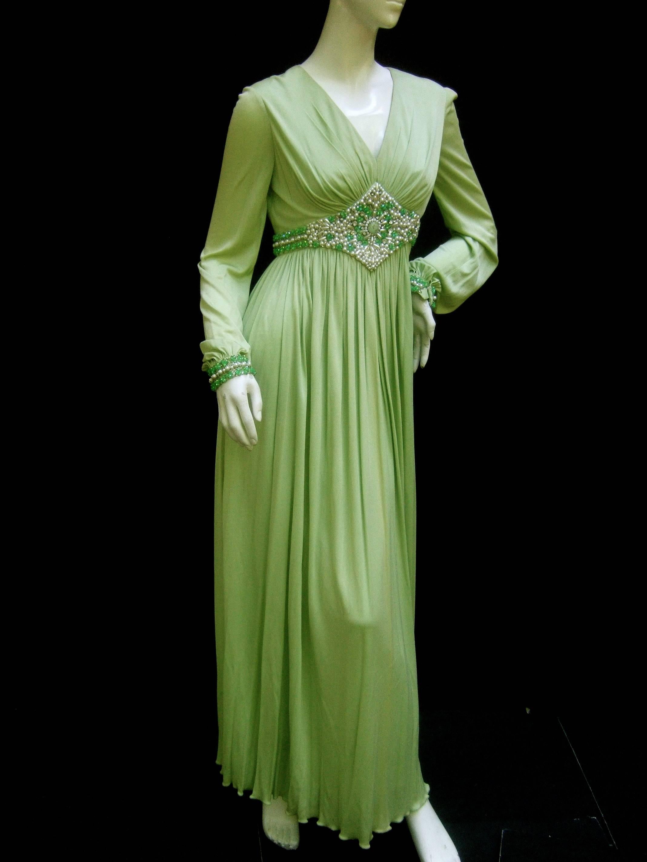 Gray 1970s Mint Green Matte Jersey Pleated Gown by Malcom Starr for Saks Fifth Avenue