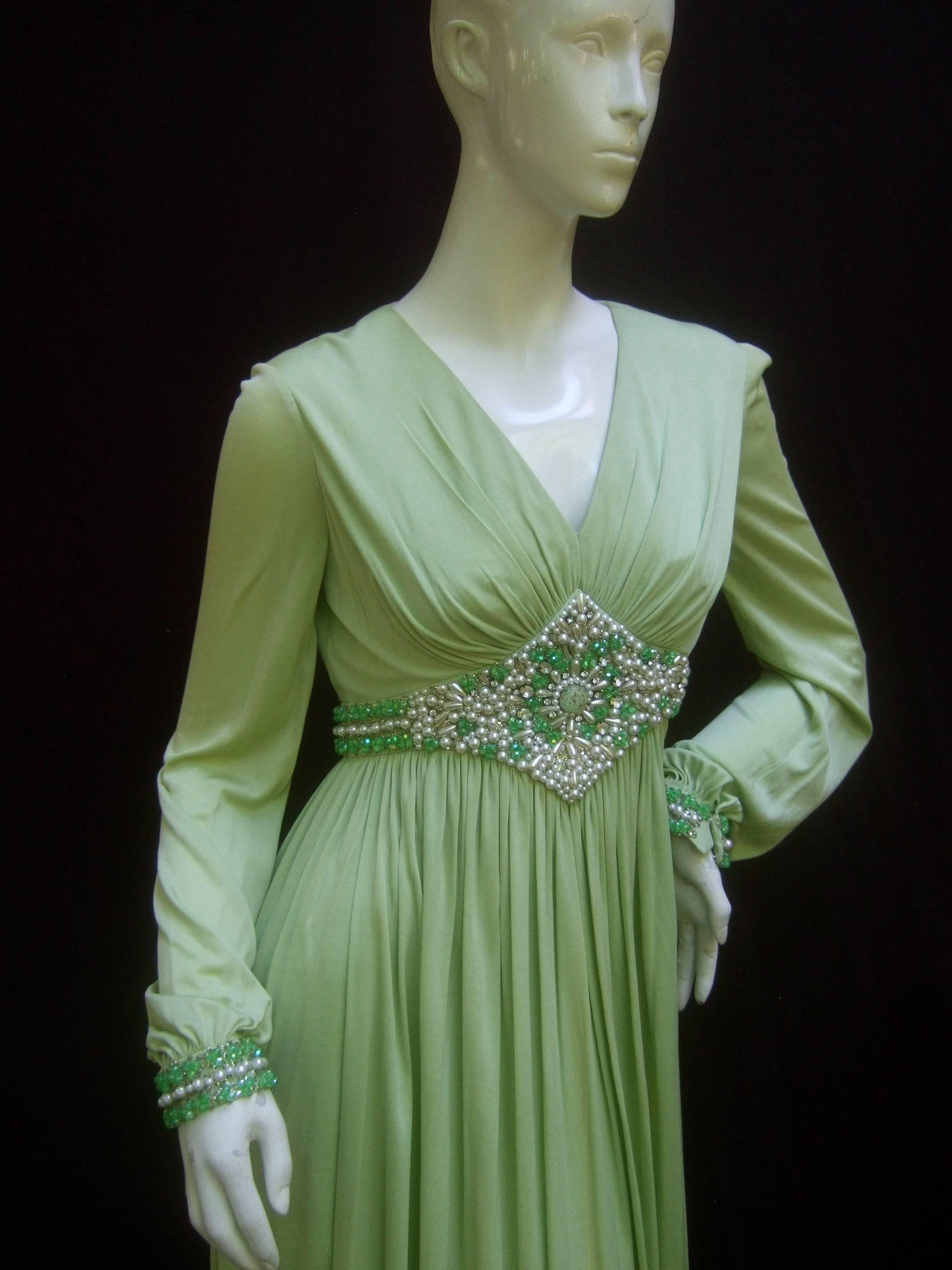 1970s Mint Green Matte Jersey Pleated Gown by Malcom Starr for Saks Fifth Avenue In Fair Condition In University City, MO