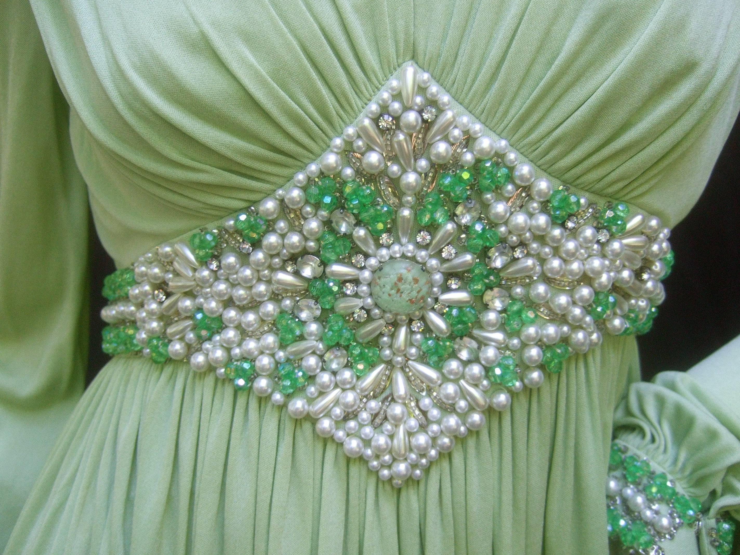 Women's 1970s Mint Green Matte Jersey Pleated Gown by Malcom Starr for Saks Fifth Avenue