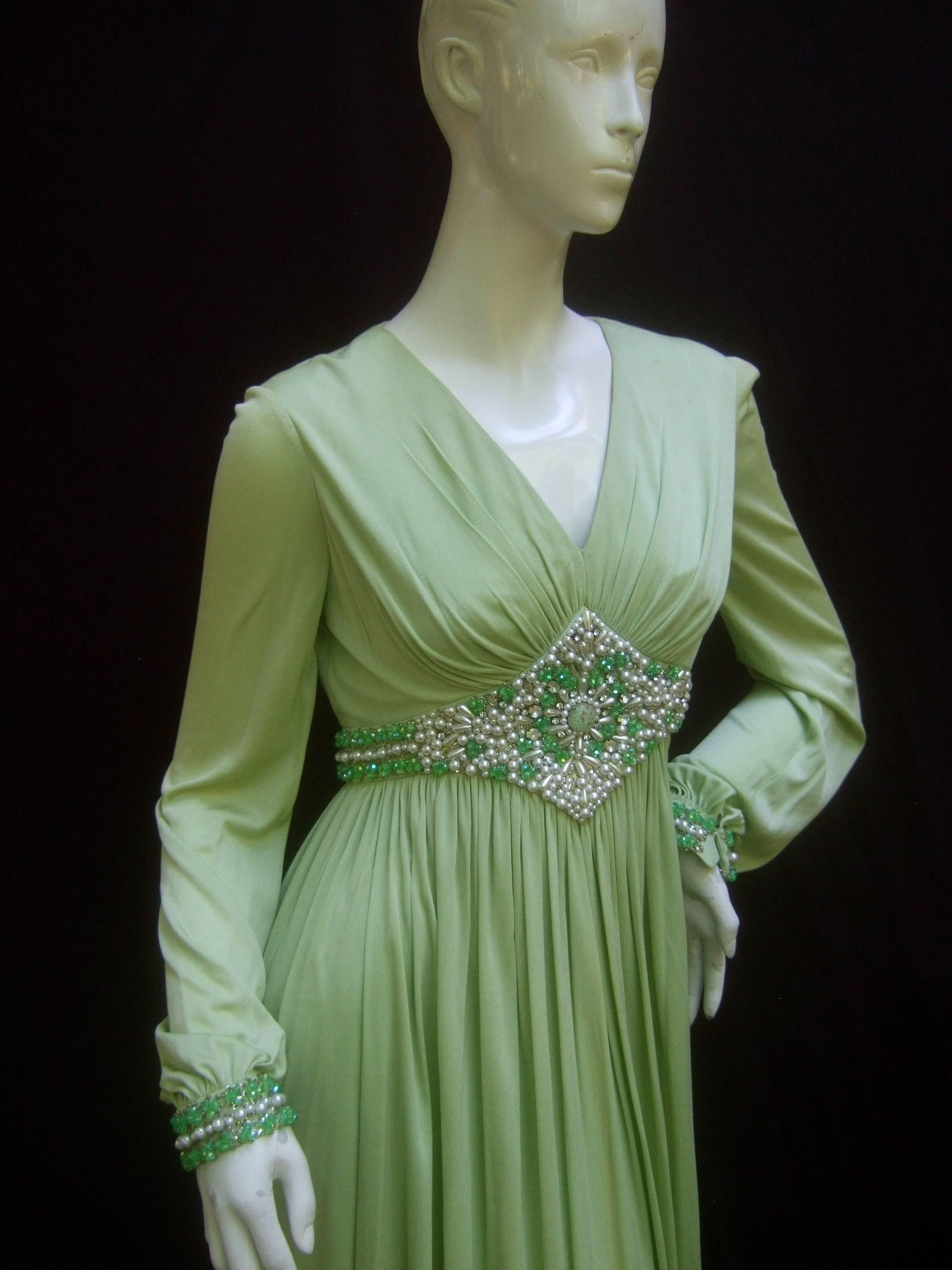 1970s Mint Green Matte Jersey Pleated Gown by Malcom Starr for Saks Fifth Avenue 4