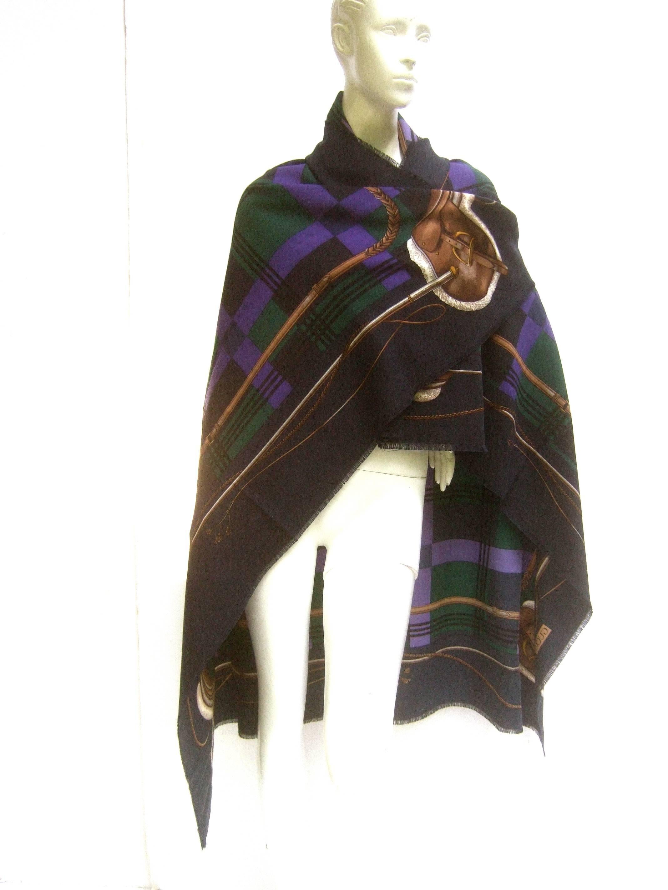Gucci Italy Massive Equestrian Theme Wool Shawl - Scarf c 1990s 52 x 52 In Good Condition For Sale In University City, MO