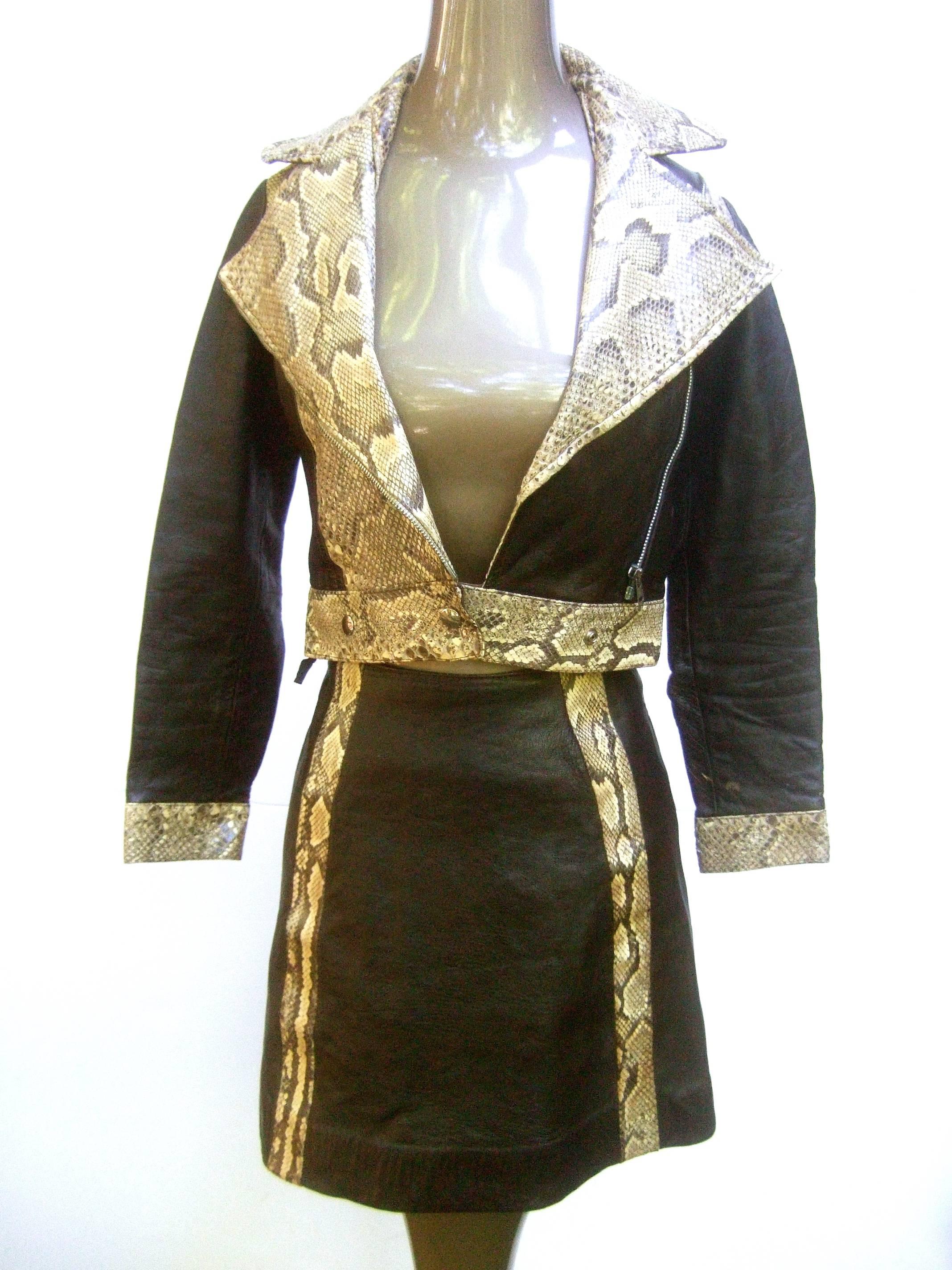 Ossie Clark Couture Brown Leather and Snakeskin Suit.  Unlabelled. Late 1960's. 1