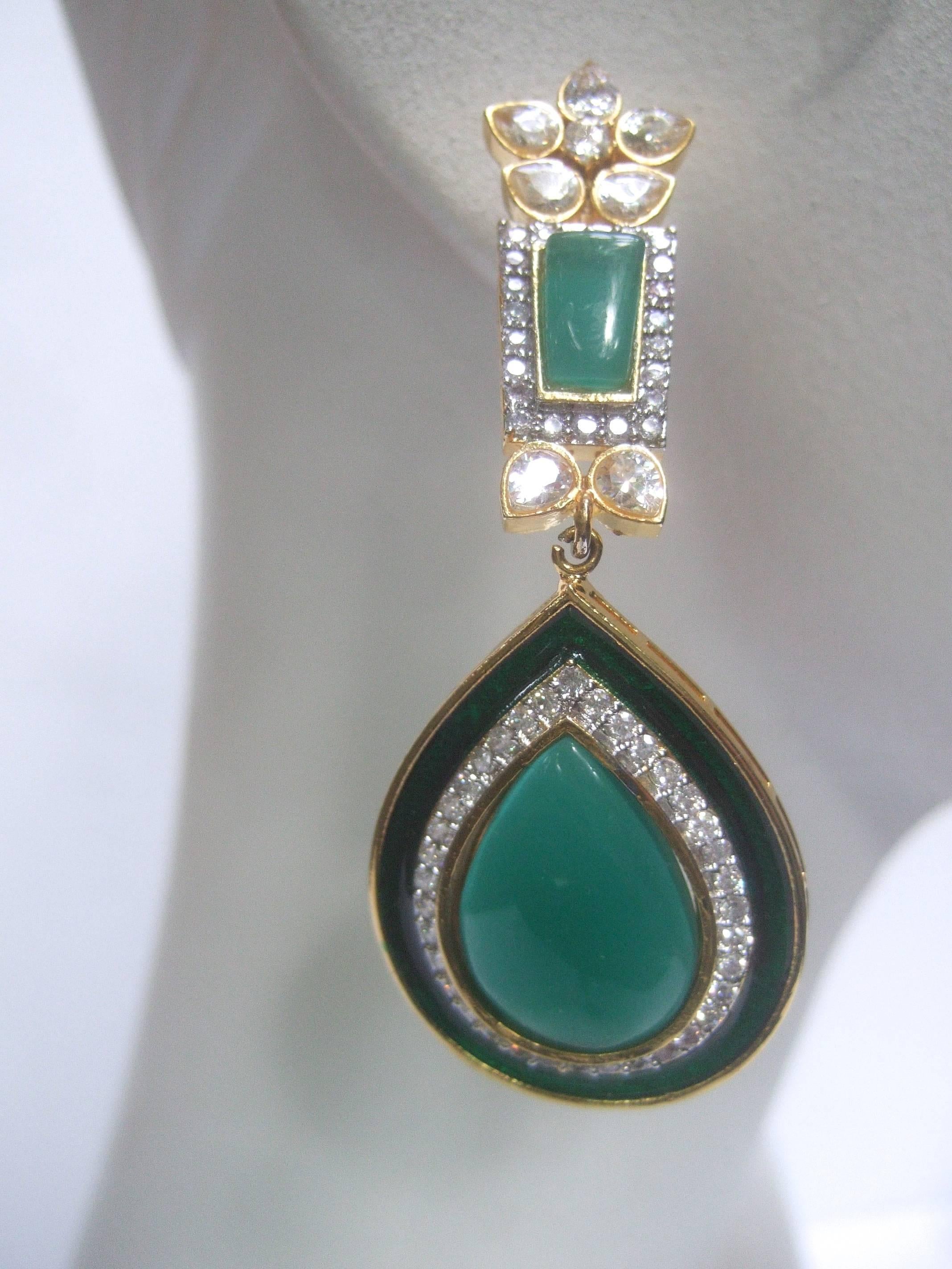 Women's Exquisite Emerald Green Poured Glass Tear Drop Crystal Earrings 