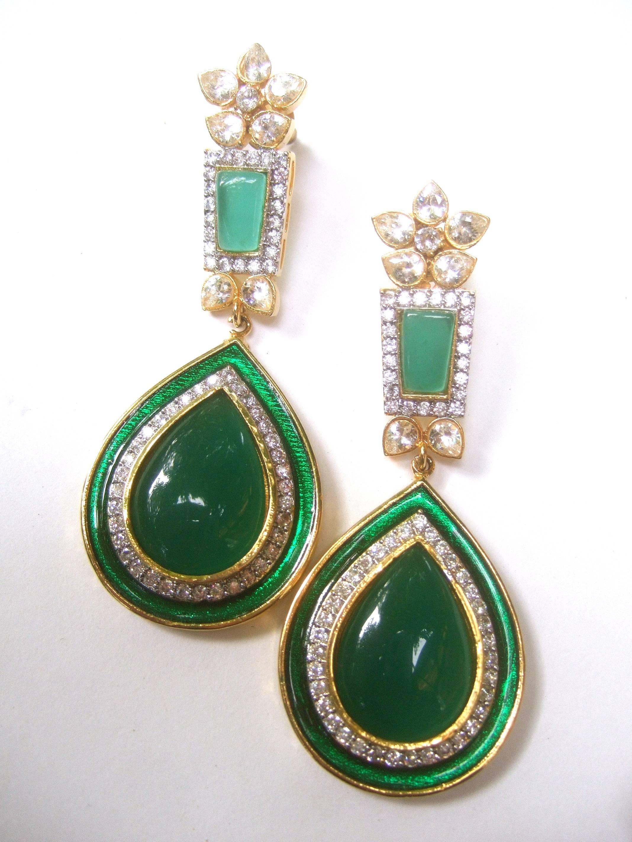 Exquisite Emerald Green Poured Glass Tear Drop Crystal Earrings  2