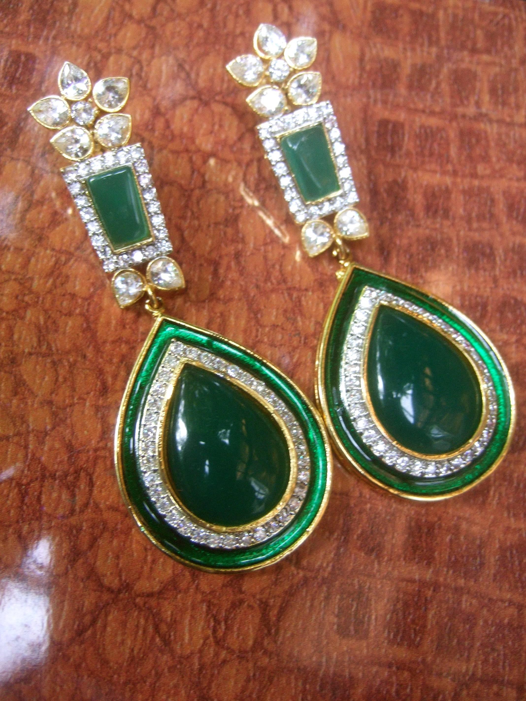 Exquisite Emerald Green Poured Glass Tear Drop Crystal Earrings  4