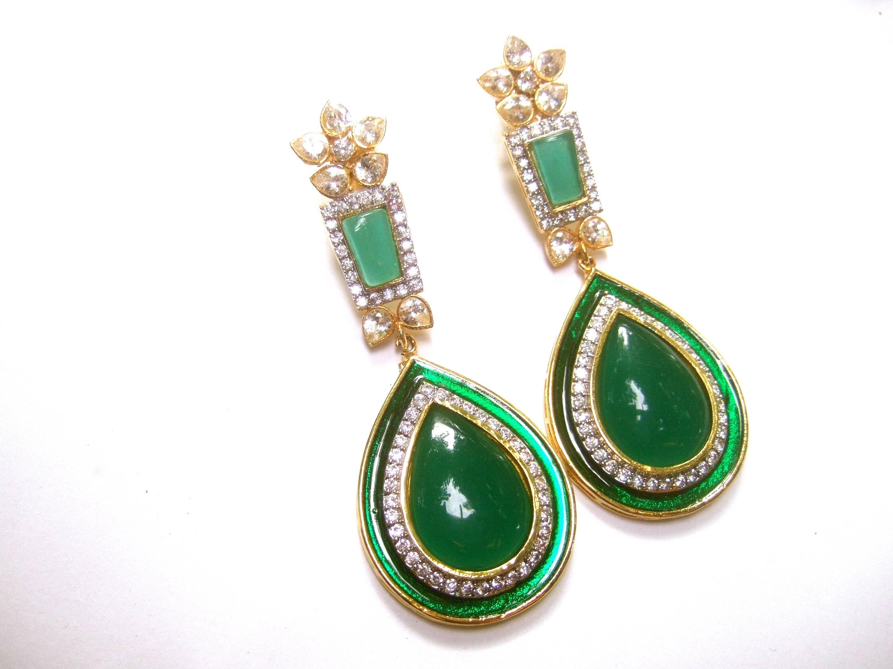 Exquisite Emerald Green Poured Glass Tear Drop Crystal Earrings  5